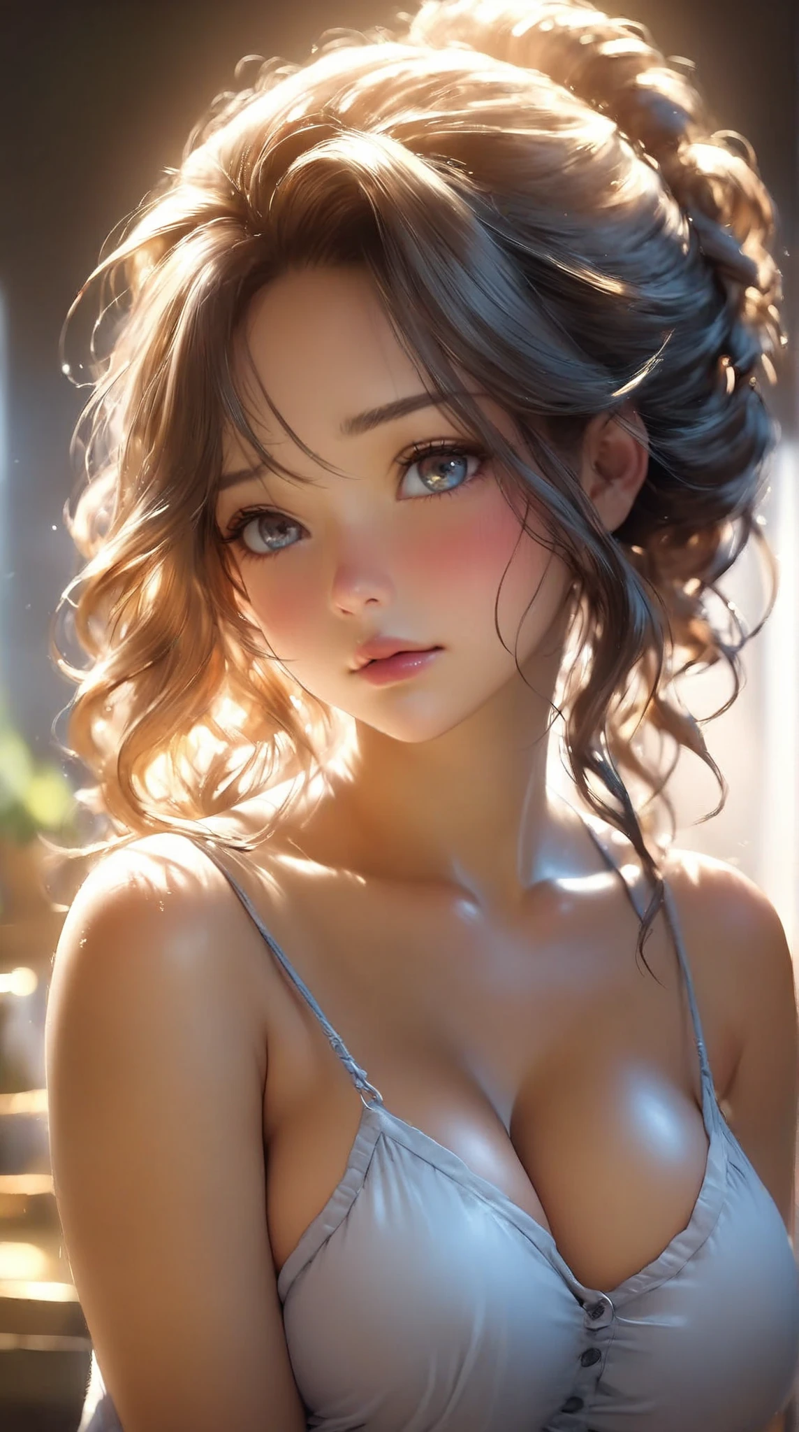 ((Highest quality, 16K, masterpiece: 1.3)), (beauty: 1.2, Slim Abs: 1.2), (Ultra detailed face, Highly detailed lips, Fine grain, double eyelid), (White see-through bikini), 1 female, Short bob woman, One mole on the right breast
