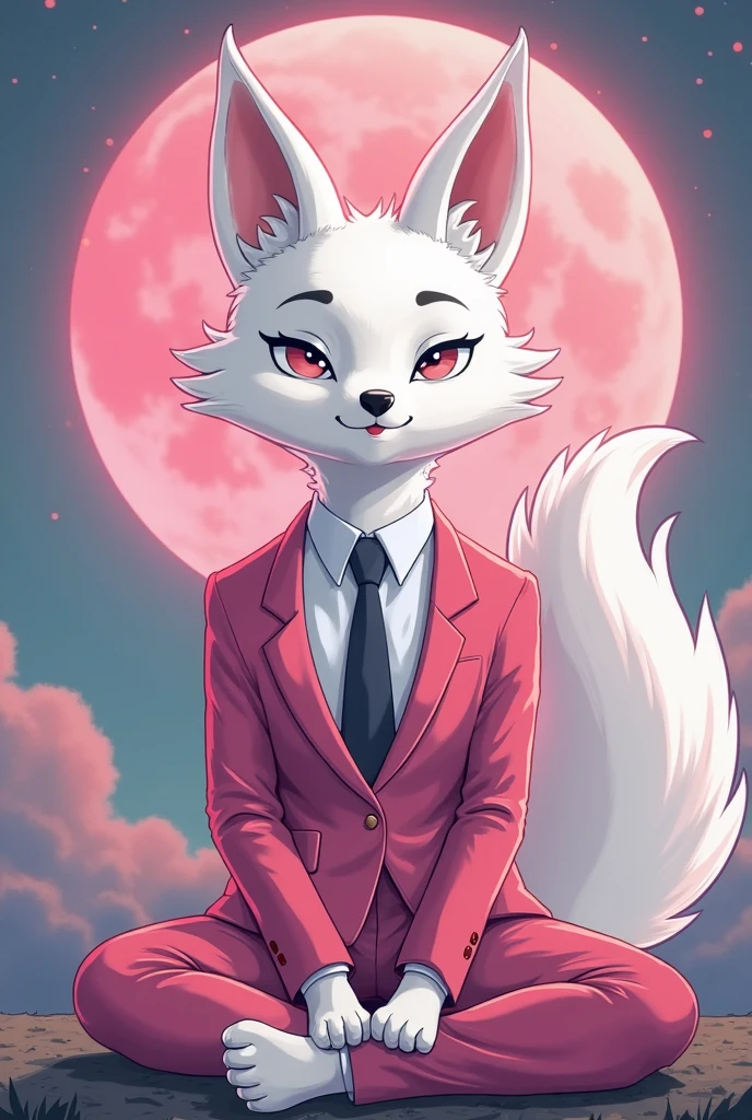 White fox in a pink suit sitting confidently while behind, in the sky, There is a pink moon,  cartoon style drawing 