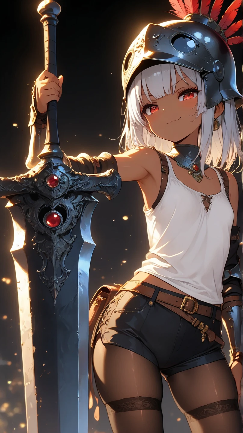 Realistic and intricate Valkyrie standing holding a sword over the head in realistic light armor, masterpiece, 4k, UHD, sharp focus, cinematic illumination, midnight aura, best quality, bikini armor, beauty scenery background