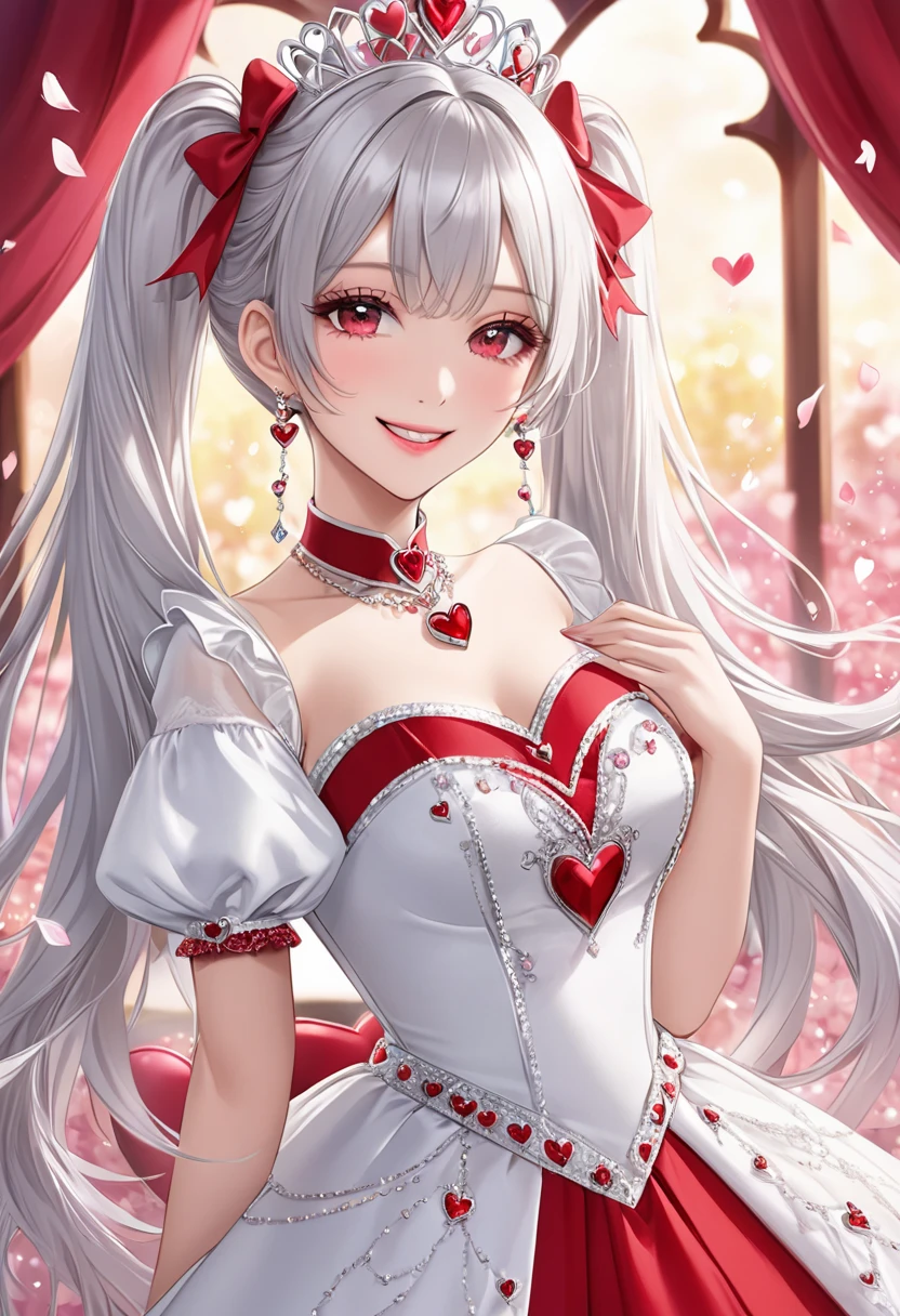 Long silver hair, pink eyes, body, cat ears, girl, earrings, heart background fantasy, princess, godly, hair bows,  happy face, red dress