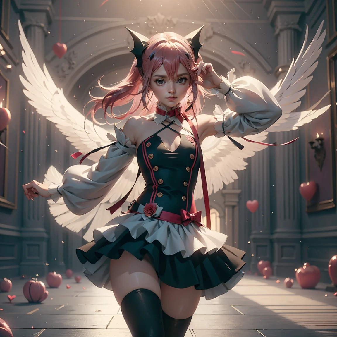 (ultra realistic,32k, masterpiece:1.2),(high detailed skin:1.1),( high quality:1.1),
1girl, pink hair, ponytail hair, bangs, (cupid amor costume:1.2),small angel wings,Tulle Skirt, knee high socks,[<lora:ValentineNatureStyle:1.5>ValentineNatureStyle, flowers, hearts:<lora:devilish-wing-style-darquelilly-v1:0.5>devilishwingstyle, hell,devil,wing, (blood, blood spltter:1.2), hellish,:20],fighting pose, (huge breast,large breast,:1.1),<lora:add_detail:0.78>,
(beautifully lit:1.1),    blurry background