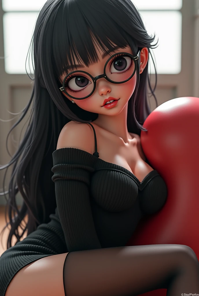 masterpiece, best quality, 4k, photo, realistic, make a girl with long black hair and black eyes, with bangs on her forehead, pale skin, exaggeratedly large breasts and ass, exaggeratedly large, fat thigh, very sexualized troso wearing a black estrid cold shoulder sweaterand atransparent black stockings halfway up the thighs, wearing glasses and with a cute expressionon her face her,she is a short girl, sucking a big thick penis full of veins