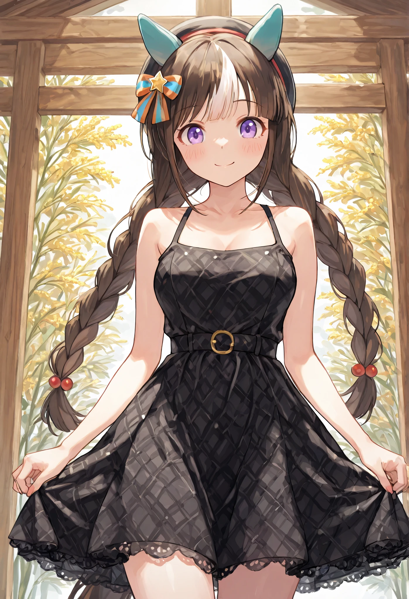 {{{    masterpiece}}}, {{{ top quality}}}, {{   Ultra High Precision}}, {  artistic }, {{ very delicate and beautiful}}, {{{    masterpiece}}}, {{{ top quality}}}, {{   Ultra High Precision}}, {  artistic }, {{ very delicate and beautiful}},{smile},{A girl is watching mimosas at a shrine},{{{Uma Musume}}}{{The woman on the right is Hokko Tarumae, Black braided hair }}},{ sexy dress},}Another girl Hokko Tarumae,Mimosa tree ,Mimosa flower