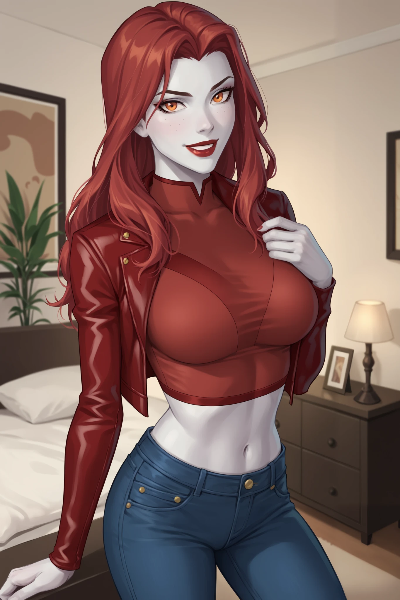 PonyXLV6_Scores BREAK (perfect anatomy, perfect eyes), BREAK mgann morzz, long hair, red hair, colored skin, frost white skin, orange eyes, makeup, dark red lipstick, ((looking at viewer)), superhero, crimson crop top, crimson leather jacket, crimson jeans, curvy, athletic, large breasts, indoors, smile, bedroom,  confident expression, open jacket, long sleeve 