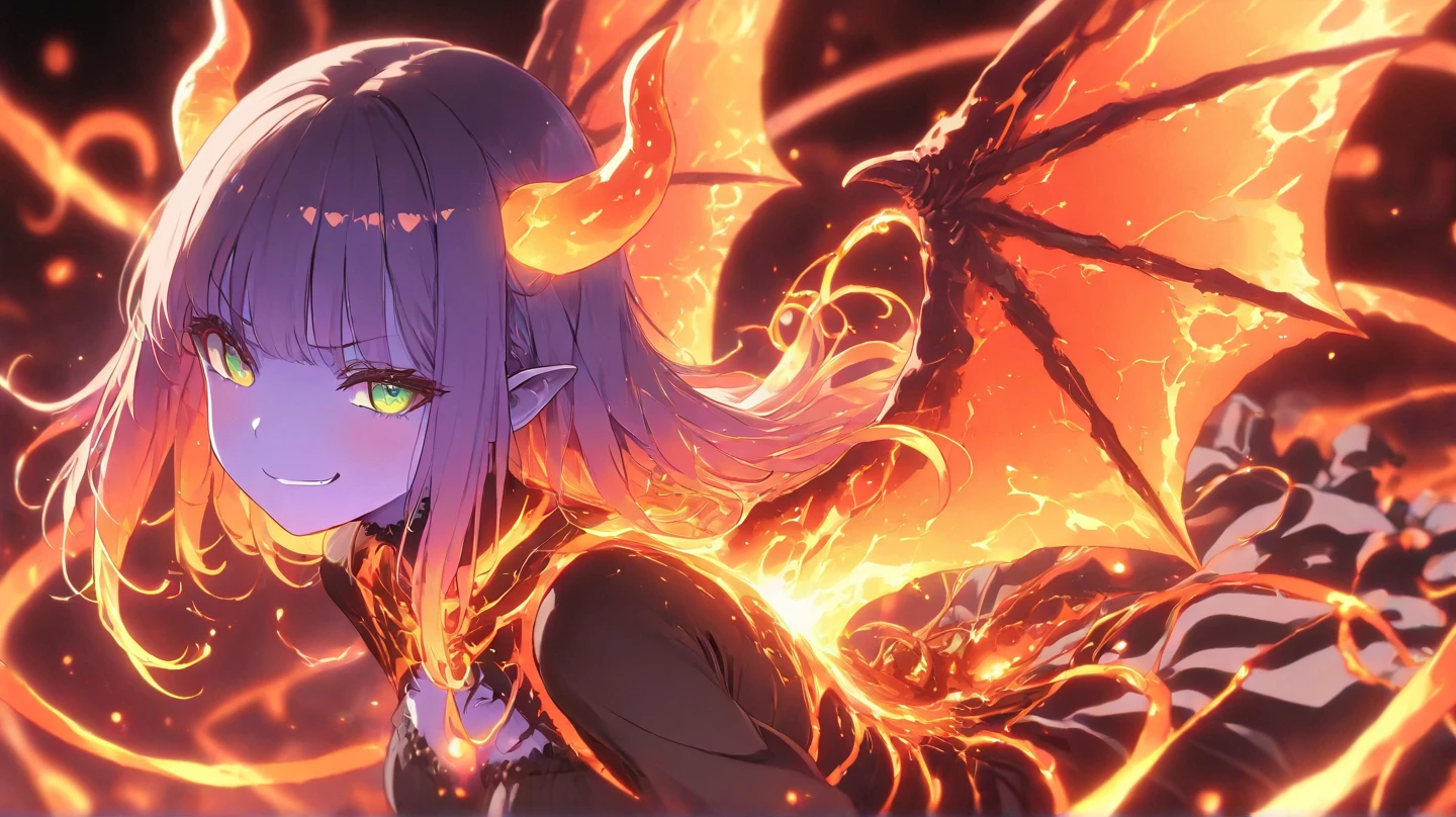 The woman, sitting on a rock with a demon on her head, demon anime girl, Demon Girl Green Hair, red-eyes, Fire in the background, A demon on the shoulder, Sinister smile, to be in hell.