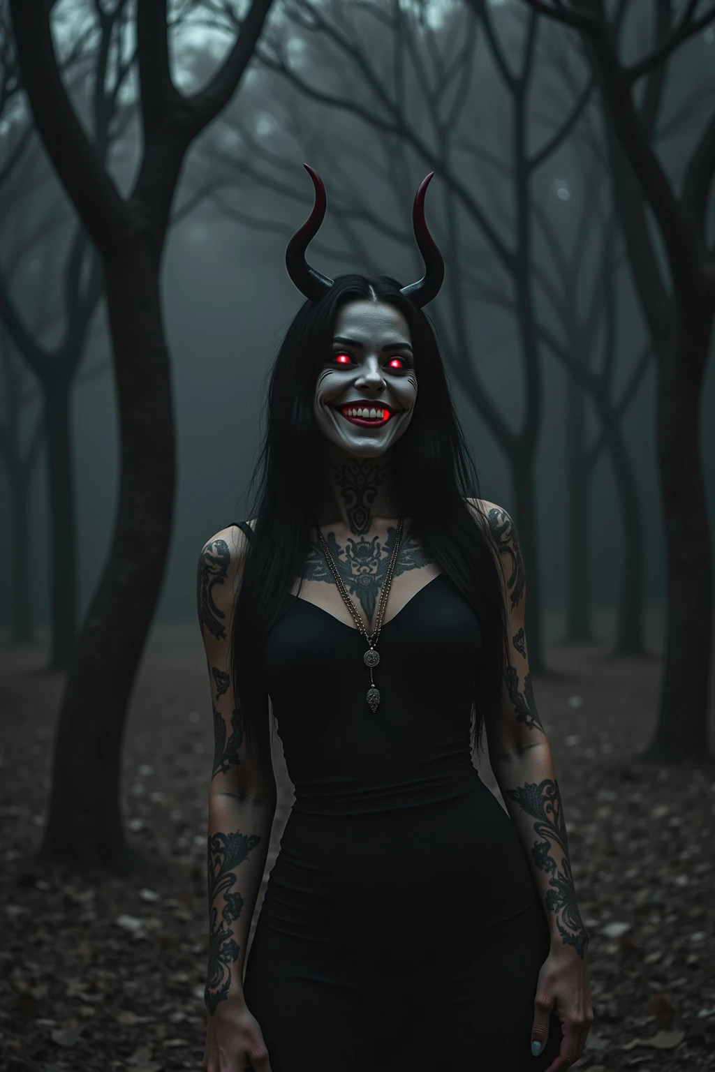 Pennywise woman,in the form of a demon with black skin and demon horns with red clothes