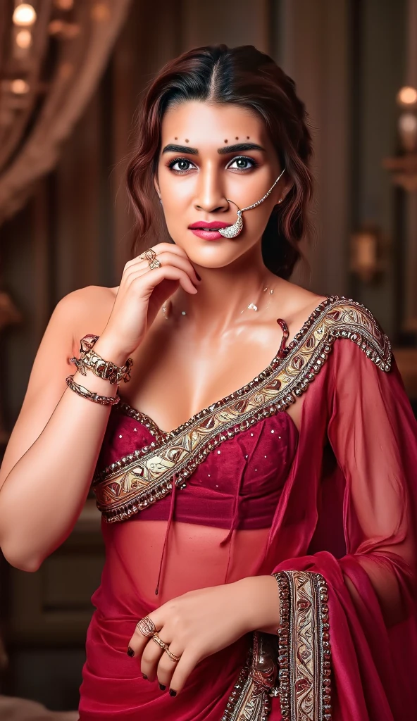 from bottom view, extreme close up photo of kriti sanon with red hair, lusty face, long sexy legs, perfect hourglass figure, swooping breasts, deep cleavage, prominent collarbone, sweating, strappy sheer bra, off shoulder, arm jewelry, (cinematic: 1.3), intricate details, (ArtStation:1.2), full shot, barefoot