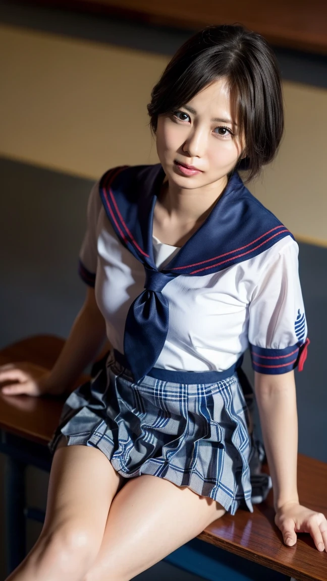 (8K、RAW Photos、top-quality、masterpiece:1.2)、(realisitic、Photorealsitic:1.37)、女の子1人、japanes、18year old、femele、Classroom、natta、profetional lighting、Photon mapping、torn、Colossal tits、The tips of the knitted, which are pure white and very small in size, stick out、areola protruding、The shape of the pubic area is clearly visible、gals、Lots of lashes、Lame on the eyelids、Pitch black lip、Pitch black heels、pubick hair、the lower abdomen bristles、A slender、crotch open、My are big and are about to spill out of my bra、Very much pubic hair、pubic hair is very protruding、((See-through sailor suit、Short pleated skirt))、maroon short hair