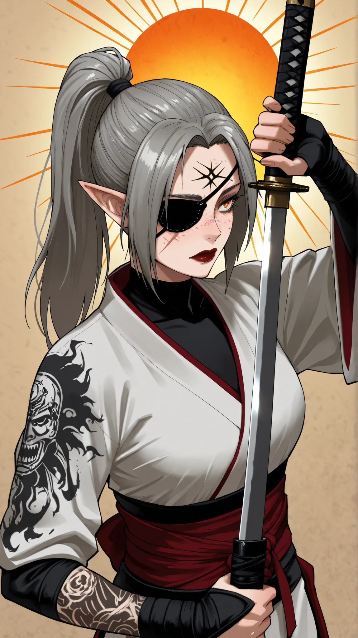 1girl, long hair, gray hair, ponytail, eye patch, kunoichi, samurai, beautiful, pointy ears, holding a katana, amber eyes, tired face, sun, D&D, warlock, freckles, dark red lips, scar on eye, black tint on eye, white katana, nodachi, gothic, witchcraft, freckles on face, eyepatch, white kimono, black tattoos on face, tattoo on eye