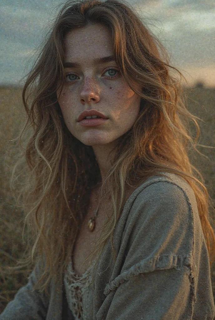 1girl in, age19, Solo, Aesthetic artwork, irish, wavy strawberry blonde hair, shoulder length hair, gray eyes, light grey eyes, some small freckles, pale skin, runners body, (textured skin, skin pores:1.1), goosebumps, wearing a cardigan without anything underneath, no bra, rural outdoors