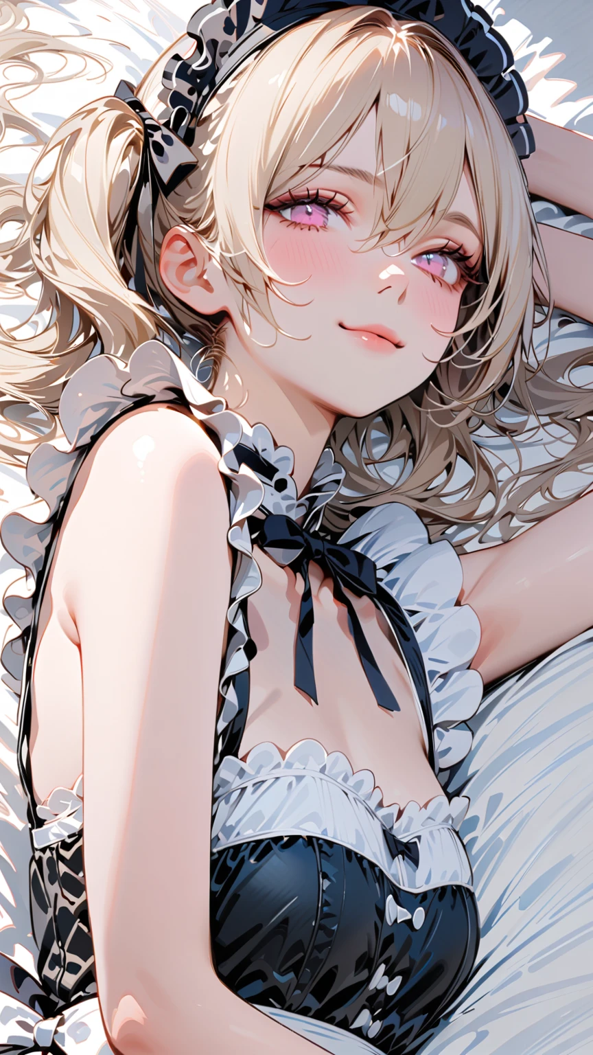Best Quality,High resolution,8K,finelity detailed background,Masterpiece:1.2),beautiful girl,Shiny khaki hair,asymmetrical hair,Khaki Eyes,Gentle look,A refreshing look,Best quality,Best Quality,Aesthetic and aesthetic:1.2,Best details((Super detailed))(High-definition CG illustrations),Black underwear (black,intricate lace),Slender body,Late Night,moon,Bedroom,On the bed,smile,blush,cute,Scrounge,Looking up,Being spoiled,super model,wariza,shoot from below