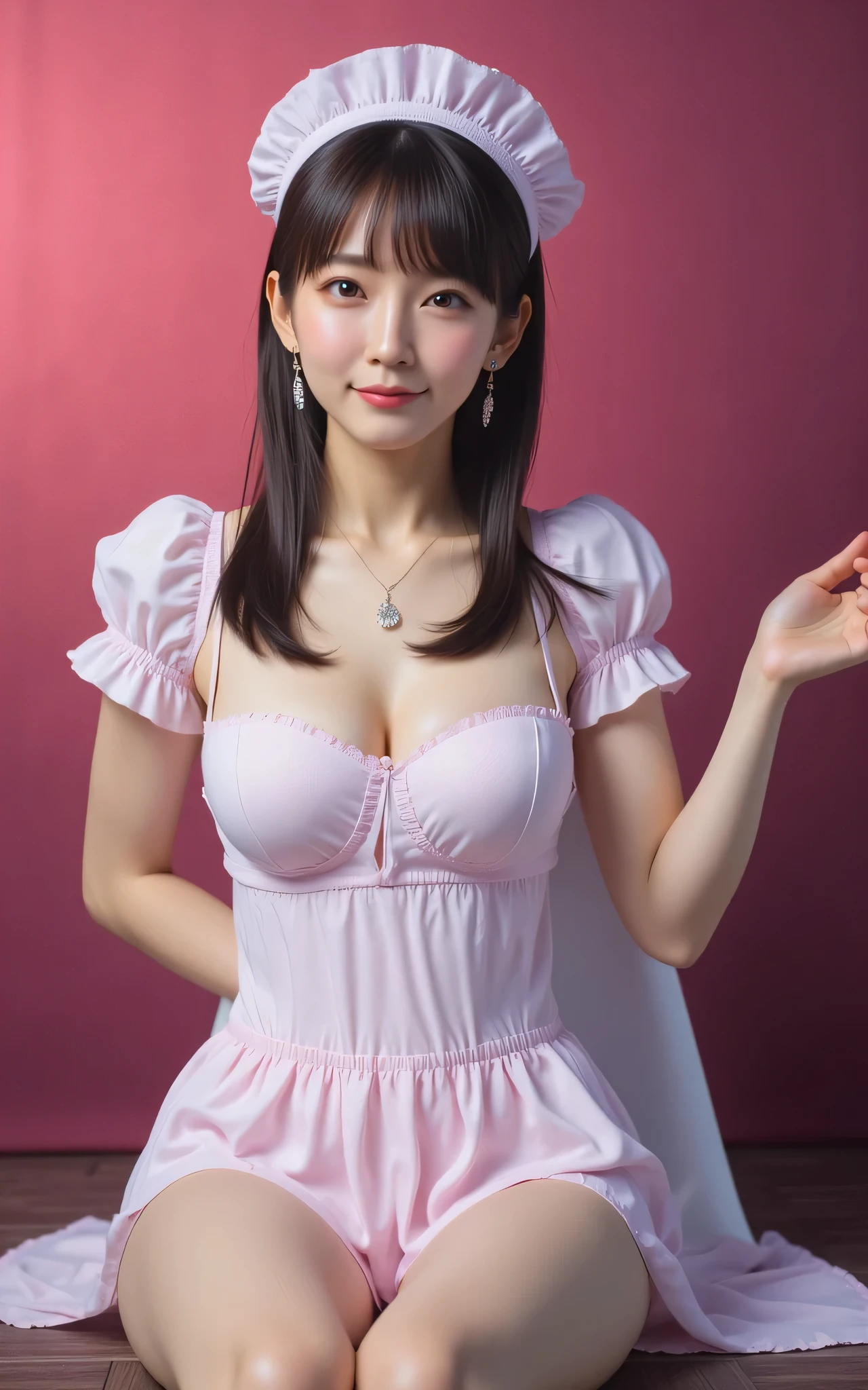 (highest quality、masterpiece、8k、Best image quality、Hyperrealism、Award-winning works)、One ta girl、(alone:1.1)、(1 photo:1.1)、(A cute and girly light pink ruffled transparent Loliress:1.2)、(Cute girly big ribbon:1.1)、(Cute and gorgeous hair accessories:1.1)、Girly lace decoration、Cute girl frills、(Cute girly lolita whair:1.1)、(Short length:1.1)、(height: 140cm:1.1)、(Big Breasts:1.1)、(Soft cleavage:1.1)、Cute heart decoration、Lots of cute frills、Big pretty ribbon、Accentuate your body lines、Slender body、Standing Elegantly、(Pastel colored girly lolita room ground:1.1)、(The background is a blurred Lolita room.:1.1ute girly curtains in pastel colors:1.1)、(very bright and vivid:1.2)、(Cute girly wall decoration in pastel colors:1.1)、Blurred Background、Full body photo of a woman standing gracefully、Accurate anatomy、Perfect Makeup、Long eyelashes、Glossy Lips、Ultra HD glossy skin、(Ultra-high definition, bright and beautiful skin:1.2)、超高精細のGlossy Lips、Ultra-high definition beautiful teeth