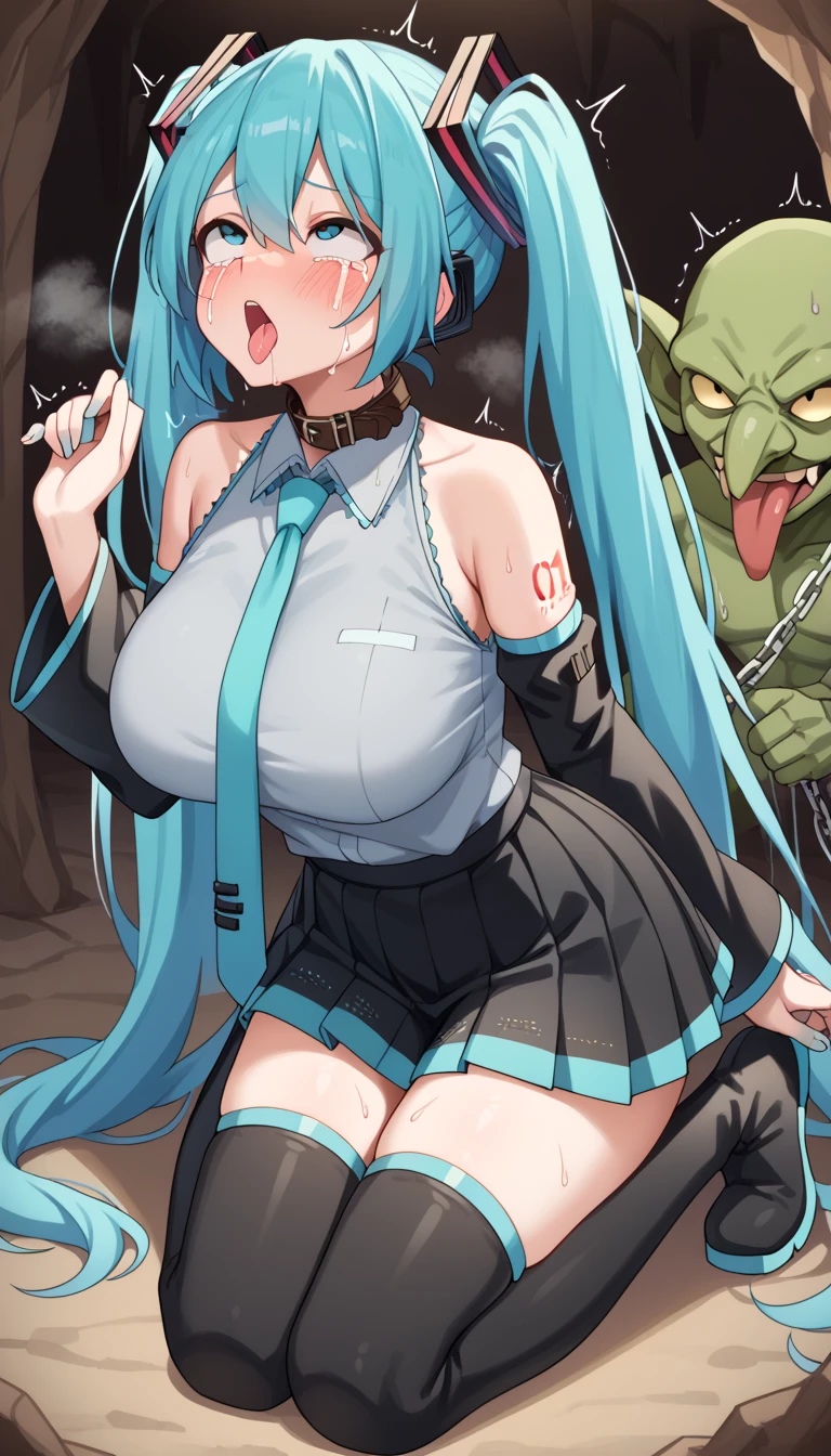 masterpiece、Highest quality、8k、Noise Reduction、Hatsune Miku VOCALOID、Twin tails、Light blue hair、Light blue eyes、Beautiful Body、Big Breasts、Completely naked、Black tights、Embarrassed face、The tentacles wrap around the limbs、Raped by tentacles