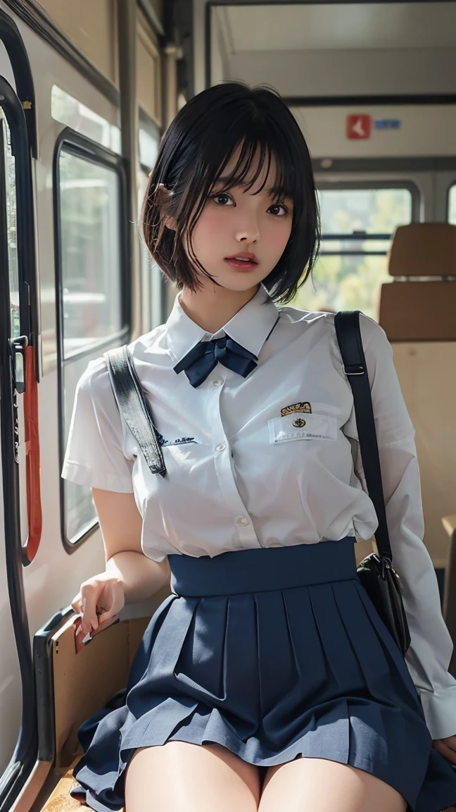 (Cowboy Shot)、alone、short hair、Beautiful woman,(school uniform)、Plain Shirt、Shirt with emblem on chest, Pleated skirt, ((Sitting on the bus)),(close your eyes)、(((Get a good night's sleep)))、(((Weak)))、((Sleep))、((Dozing off))、((Delicate painting)),(Detailed RAW photos of girls), (highest quality:1.6), (Ultra-high resolution:1.5), (Realistic:1.75), 8k resolution, Canon EOS R5, 50mm, Absurd, Very detailed,Cinema Lighting,((Spread your legs))、((Panties are visible through the gap in the skirt))、((defenseless))、(cute printed panties)、(school bag)、Browsing Caution:0.2