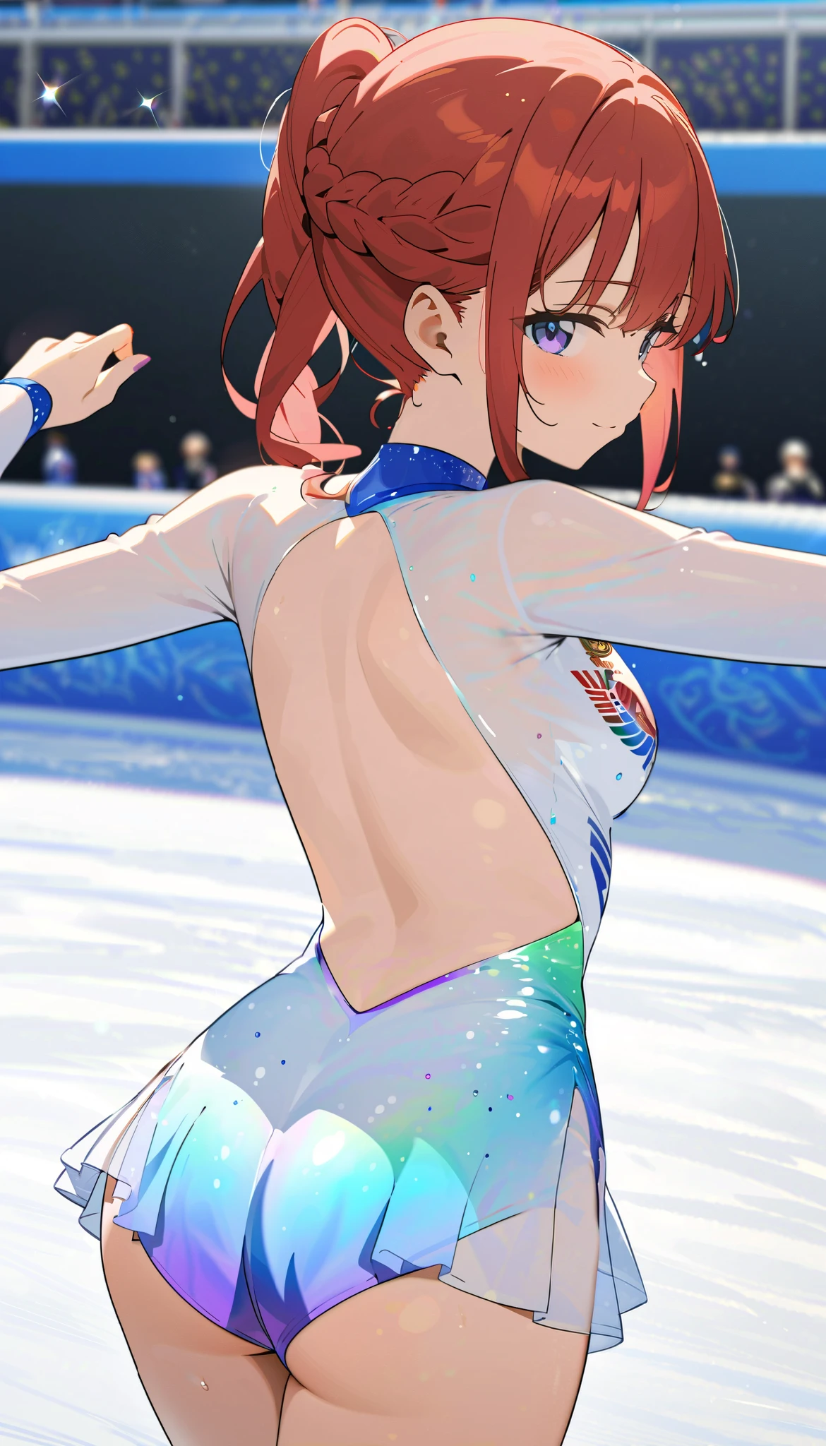 high quality illustration, masterpiece, very delicate and beautiful, attractive girl, (gymnastics leotard, Floral patterns leotard, long sleeve leotard with glittery decoration, athletic leotard, tight-fit leotard, iridescent gradient leotard, national teams leotard, (see-through microskirt:1.2)), high school, ice skating rink, gymnastics athlete, princess, beautiful eyes, light smile, highres, extremely detailed CG unity 8k wallpaper, perfect lighting, Colourful, ultra-high res,4K,ultra-detailed, photography, 8K, HDR, cowboy shot, looking back at viewer, redhead