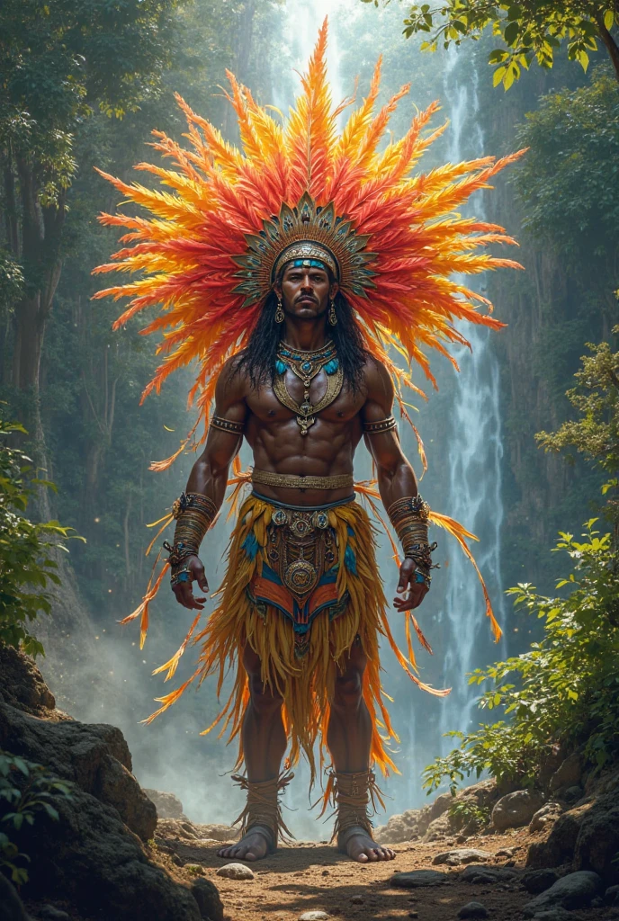 Chaac, the Mayan god, facing forward, full body with a large plume of feathers.