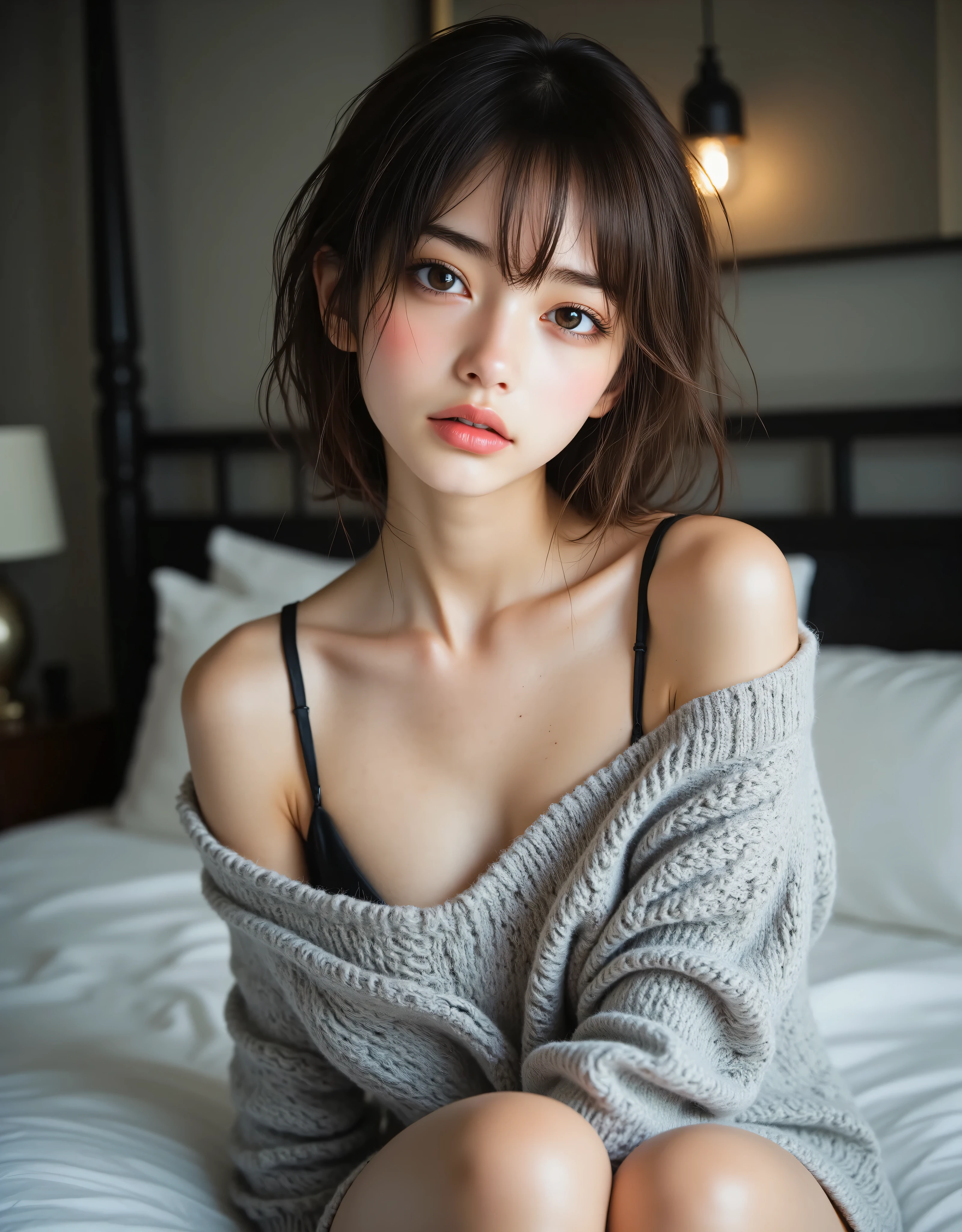 (((Anatomically accurate human structure))), (((masterpiece, Highest quality:1.4))), ((realistic, very detailed, best detailed skin, 超high resolution:1.4)), ((real skin texture:1.4)), ((SFW)), realistic photo , High Precision, absurd, Highest quality, ((facial focus:1.4)), soft light on pussy, ( realistic:1.4), ( RAW photos ), (( shot from the front :1.3)), (( Shooting from the front :1.2)), (( upper body shot above the knee :1.2)), studio light , Gentle Light, (Professional bright lighting), shallow depth of field, (surreal), (Awareness-raising), (high resolution), ((photoRealistic:1.5)), (32K), (very detailed), (Beautiful Details), (Highest quality), (Super Detail), (wallpaper), ( detail face), (beautiful), ( beautiful expression ), ( medium fluffy brown hair ), ( Has bangs), ((1 subject )), ((alone)), ((very cute 18 year old japanese girl :1.5)), ((Pretty Pretty Face :1.3)), ((Height: 160cm, Slim and slender)), (((What is commonly known as gray「sweater that kills virginity」 ))), ((((grey sleeveless knit sweater :1.8)))), ((The chest part opens wide and round to show cleavage:1.5)), ((The sides of the chest and sides of the body are exposed)), ((The back side from the shoulders to the waist is greatly exposed)), ((Wide halter neck:1.5)), ((( Well good& no panties:1.5))), ((Very sexy tank top type with a short halter neck gray knit sweater worn in place:1.5)), ((A sexy sleeveless knit sweater with a wide single strap around the neck and tied from the front of the clothes to the back of the neck)), (((gray sleeveless virgin killer sweater:1.8))), (((semi-nude:1.8))), (((Quite large bust, F Cup:1.5))), ((stylish white Sometimes I'm wearing lace bikini panties)), (Beautiful 20 year old Japanese girl wearing sexy lace lingerie with feet indoors :1.6), ((( attractive body ))), ( slim figure), ( tight thin stomach), (thin waist), Sculpture model, Graceful posture, seductive and sexy pose , camera, (brown eyes:1.9), ( Detailed depiction of extremely realistic skin ), (Highly detailed, realistic eyes:1.9), ( extremely beautiful long realistic eyelashes ), (Highly detailed, realistic eyebrows), (丸いbrown eyes :1.8), ( beautiful catchlight on the eyes), (Realistic lips with moisture ), (Neatly aligned white realistic teeth), ( Beautiful and Detailed Face :1.6), ((There are times when you put one hand behind your head and you can see a beautiful underarm)), ((Wide legged pose;3.0!!!))), (( focus on the crotch )), (((cameltoe))), (((very cute smile:1.5))), ((Very sexy cute smile :1.3)), (((I'm sitting on my knees with my legs quite wide apart on a luxurious bed in a luxurious bedroom:1.5))), (( M-shaped leg opening)), (( show your hands as little as possible )), Show off your legs as little as possible , (Very sexy), (Pretty Little Pretty Face ), (((camel toes))), ((beautiful shaped realistic breasts)), ((My forehead, armpits, and cleavage are wet with sweat)), (Sweating from the cleavage of my bust ), (My crotch is sweaty), (The groin is nice and smooth), (My armpit is clean and smooth ), (Accurate hand shape), (Accurate finger shape ), leg shape accurate , foot shape accurate, Eliminate extra legs , (5 fingers on one hand ), Eliminate extra hands , Eliminate extra arms , Eliminate extra legs , Eliminate extra legs , Eliminate extra fingers , Eliminate fingers that are too long , Ensuring accurate human body structure and balance , ((( others don't show any part ))), ((Show off your legs as little as possible :1.2)), (( color temperature 5500K ))