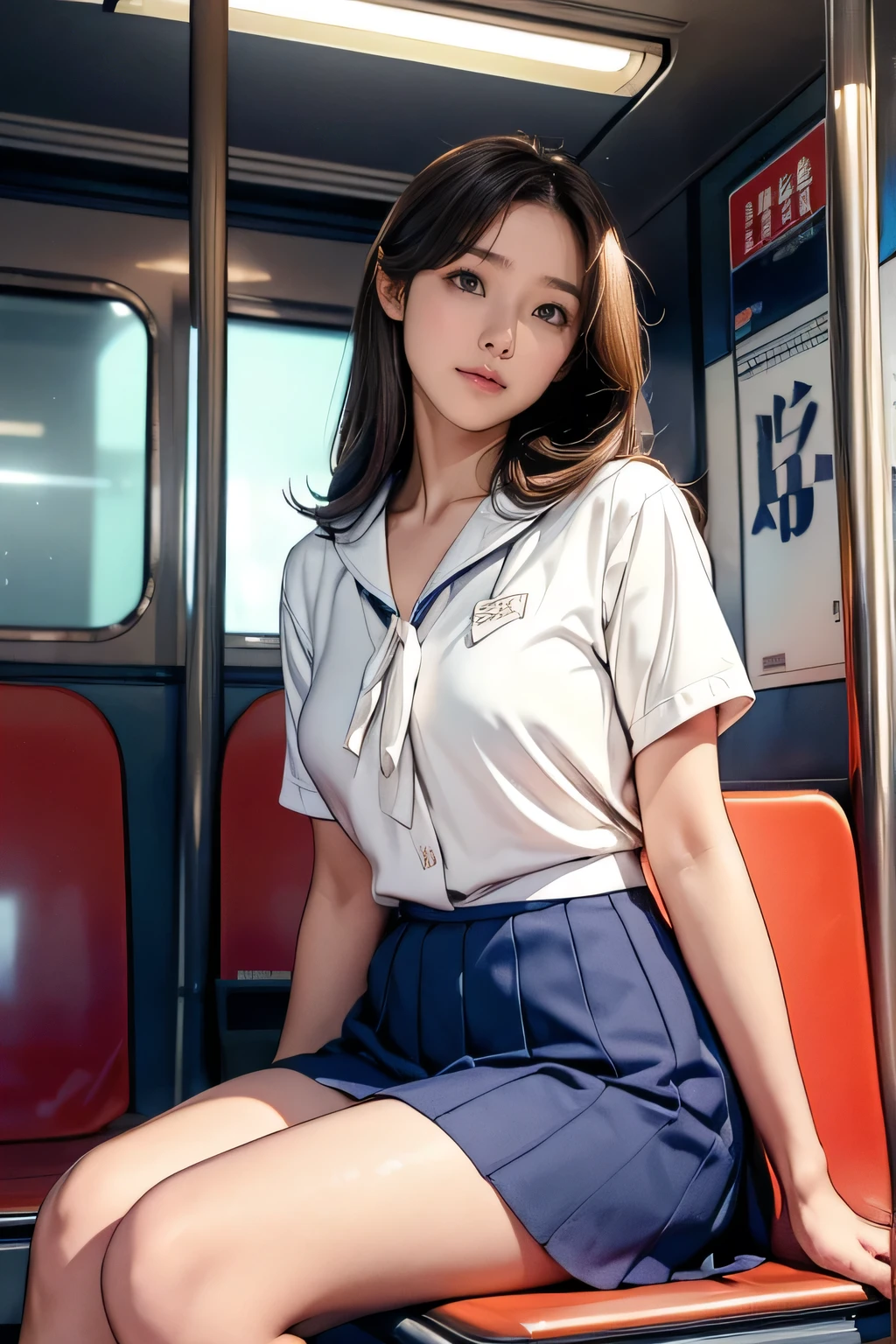 High-definition images, atmospheric perspective, 8k, Super detailed, Accurate, highest quality, 
1 girl, alone, chest, looking at the viewer, (look at the audience,:1.5),  
brown hair,  brown eyes, parted lips, smile slightly、underwear, panties, (japanese school uniform), 
 (navy blue mini skirt), (sit on a train seat:1.5), （spread your legs to the side:1.4)、underwear, panties, parted lips, 
 lips, (navy blue skirt), full body shot,  (((spread your legs, crossed arms))), showing sexy 、(whiteの panties:1.5), realistic ,
(white, collared shirt, ribbon tie),
(Do not expose your upper body:1.5),((Ceiling from below:1.2))、((from below:1.38))、
(turn your body toward the viewer:1.5) , (from below, look up:1.5), ((15 year old Japanese girl, short bob))
