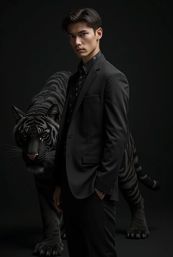 create a bts min yoongi image with semi long cut, black hair and a white shirt open at the chest, black pants and with a black puma roaring at his side