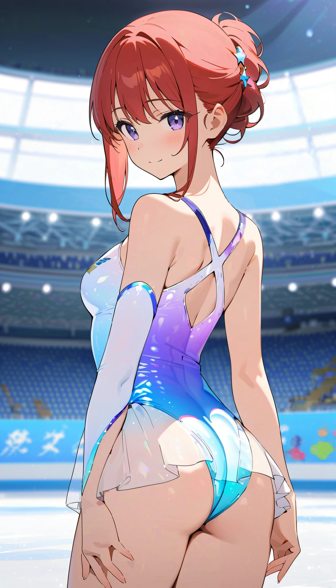 high quality illustration, masterpiece, very delicate and beautiful, attractive girl, (gymnastics leotard, Floral patterns leotard, long sleeve leotard with glittery decoration, athletic leotard, tight-fit leotard, iridescent gradient leotard, national teams leotard, (see-through microskirt:1.4)), high school, ice skating rink, gymnastics athlete, princess, beautiful eyes, light smile, highres, extremely detailed CG unity 8k wallpaper, perfect lighting, Colourful, ultra-high res,4K,ultra-detailed, photography, 8K, HDR, cowboy shot, looking back at viewer, short red hair