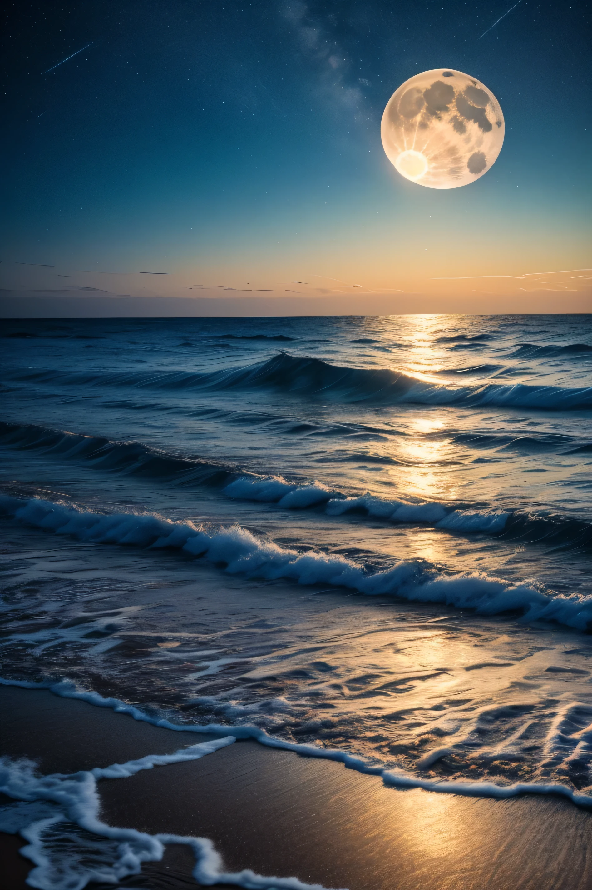 A breathtaking seascape under a full moon, with waves crashing gently against the shore, their foam glowing softly in the night. The sky is filled with stars, reflecting on the water’s surface like scattered jewels