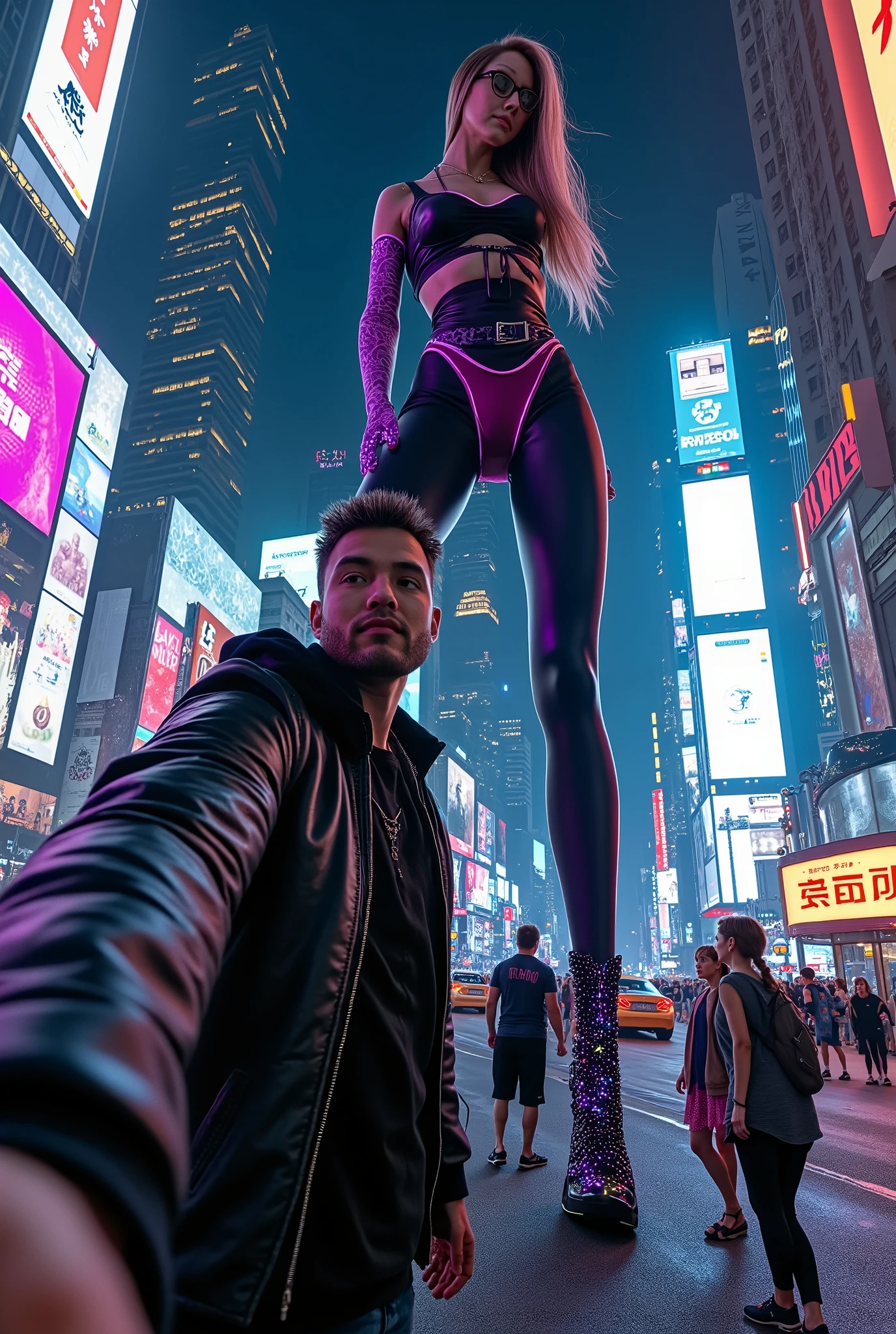 The scene is set in a bustling, futuristic cyberpunk city at night, with towering skyscrapers covered in neon lights, holographic advertisements, and a constant hum of activity. The streets are filled with people, flying cars, and robotic vendors. The perspective is from the camera of a smartphone held by a man taking a selfie. He’s dressed in edgy, cyberpunk-inspired attire: a leather jacket with glowing LED accents, ripped jeans, and high-tech boots. His face fills the lower part of the frame, his arm extended to capture the moment. Around him, a group of friends gathers, all dressed in futuristic streetwear—hoodies with holographic designs, metallic accessories, and augmented reality glasses.
Dominating the scene is his enormous, towering girlfriend, whose size is so immense that she seems to dwarf even the tallest skyscrapers around her. She is unbelievably tall and slender, reaching an almost incomprehensible scale, her figure model-like—long, graceful limbs and a slim, elegant silhouette. Her legs alone are several times the length of the man’s entire body, emphasizing her colossal size. To fit into the frame, she is bent over dramatically, her impossibly long torso and neck curving forward until she’s nearly folded in half. Her super-sized, pendulous bust hangs low as she leans over, adding to the surreal contrast.
She’s dressed in a sleek, cyberpunk-inspired outfit—a form-fitting bodysuit with glowing neon patterns, thigh-high boots with holographic details, and bold, futuristic jewelry that sparkles under the city’s neon lights. Her expression is playful and affectionate as she tilts her head to fit into the selfie, her long hair cascading down like a waterfall.
The contrast between the man, his friends, and his girlfriend’s colossal, model-like proportions is staggering. Her sheer size makes the city itself seem small in comparison, with her head nearly brushing the tops of the skyscrapers and her feet extending far beyond the edges of the frame. The vi