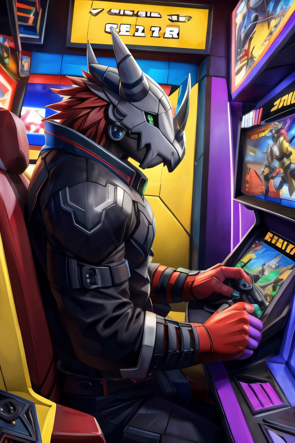 score_9,score_8_up,  blackwargreymon, source_anime, highly detailed,
arcade,playing games, happy,
