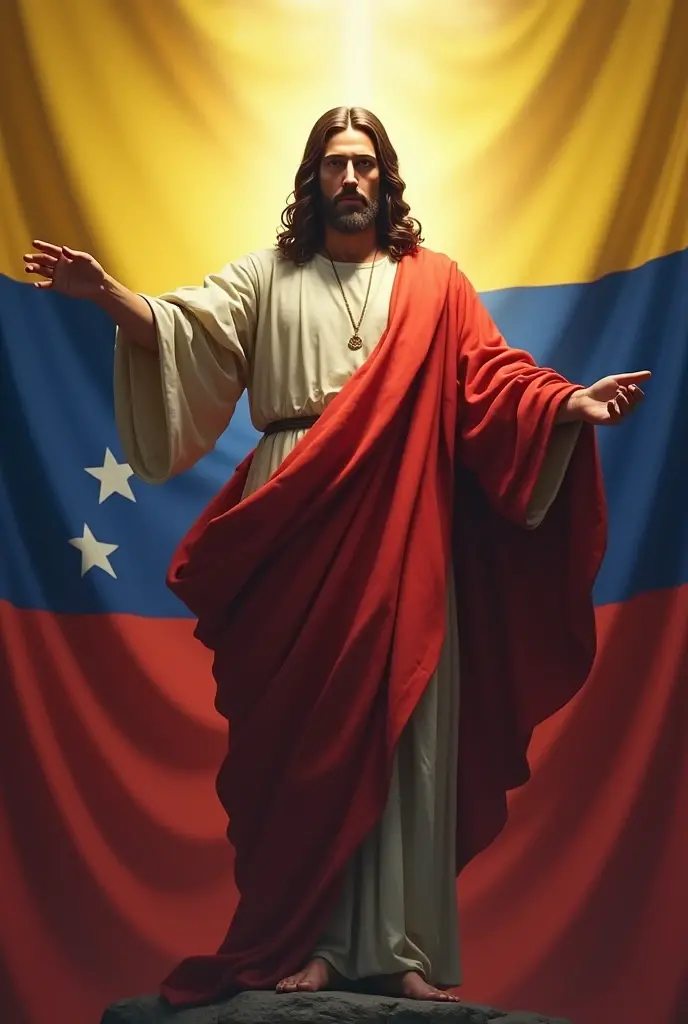 Jesus snatching the Venezuelan flag with its white stars from Satan