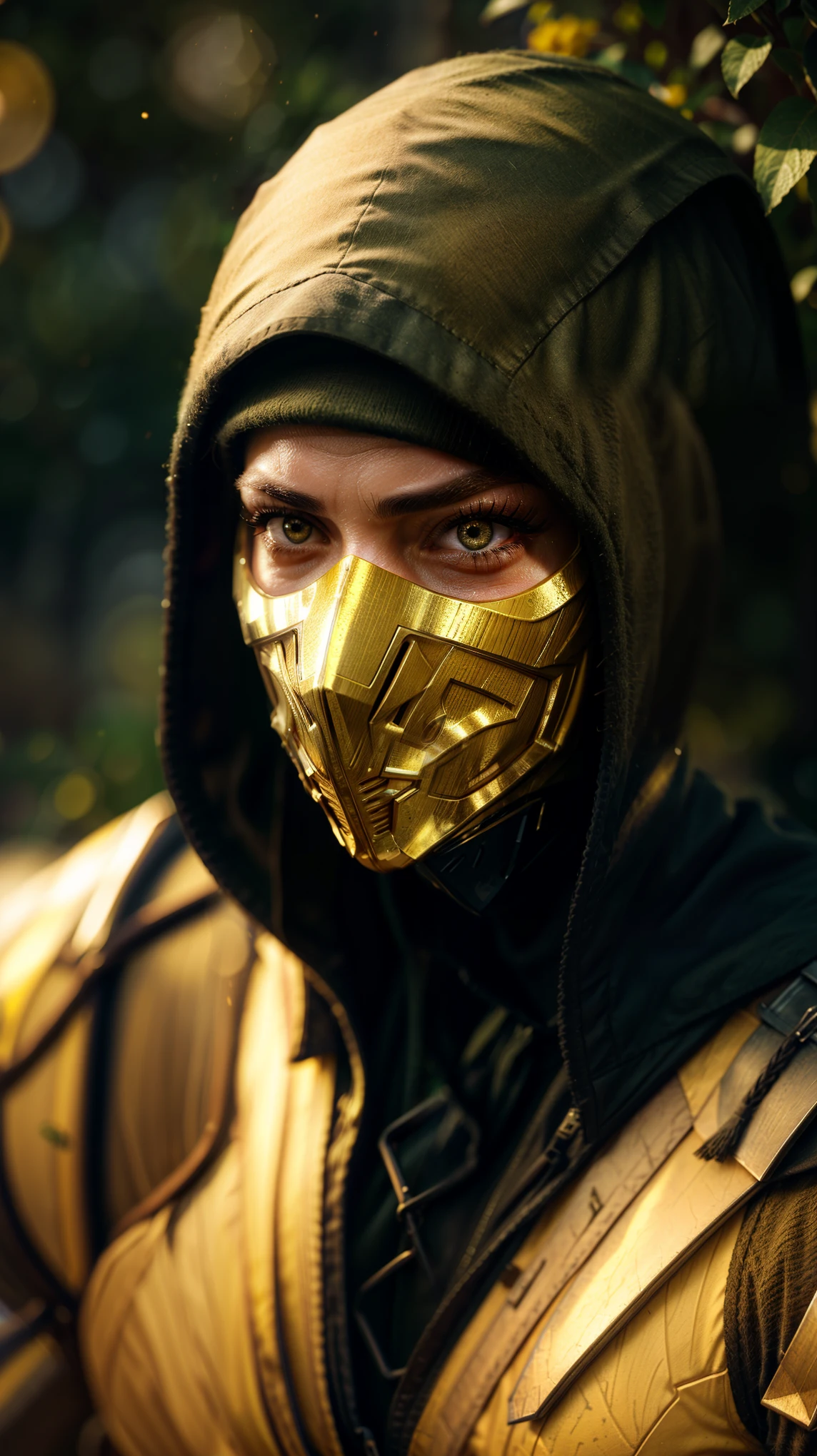 zscrp, masterpiece, best cinematic quality, photorealistic highly detailed 8k raw photo, volumetric lighting, volumetric shadows, muscular man, yellow armor, mask