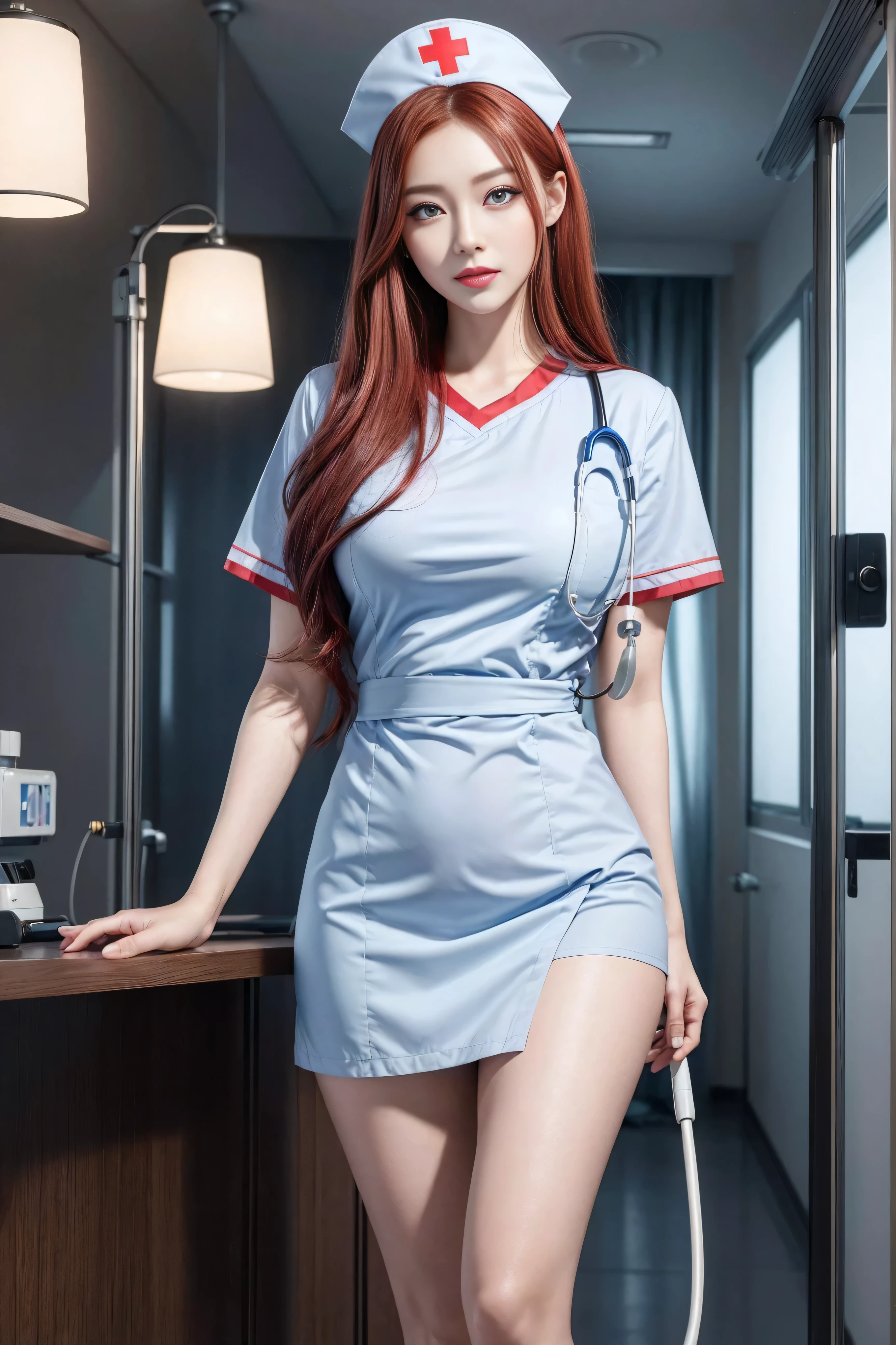 (1 Ultimate Beauty Nurse)、((Realistic lighting, best quality, 8K, masterpiece:1.3)), Lock focus:1.2, Beautiful Women in Perfect Shape:1.4, : Beautiful Korean girl, Korean pop idol,Leg length,(Pale skin), (big eyes),(Smile:0.8),(Plump and sexy lips), Complex and detailed face, ((Super delicate skin)),Delicate face,Super thin face,Squinting,Double eyelids,((Dark red hair)),(Nurse:1.3),(Nurse hat:1.3),background: (Hospital Ward:1.2),,Large depth of field,Super thin face,Squinting,Double eyelids,(Start from below:1.attitude,(Medium chest:1.2),Sexy long legs, (Thigh gap:1.5),Wide hips,S-Shaped Body, Hip lift,Leg length,Full body proportions from the front,