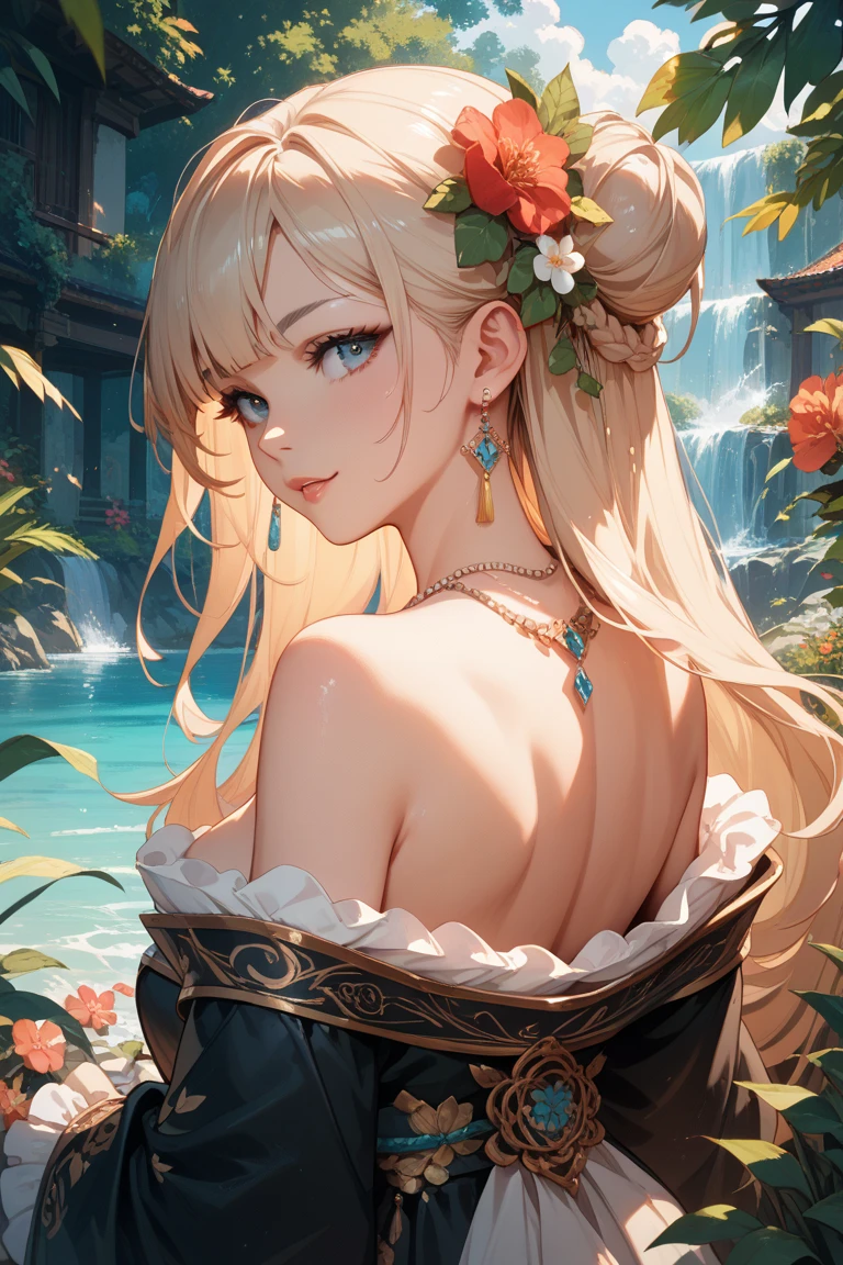 masterpiece, best quality, ultra-detailed, girl with green-yellow eyes , brown-gold hair , sitting on the moon's curve , long dress , fully dressed,  turtleneck  dress , light green and black and gold dress , smiling , long hair , rose petals on the ground , a lake with moon's reflection on it , night, best quality, masterpiece, intricate details, tonemapping, sharp focus, hyper detailed,