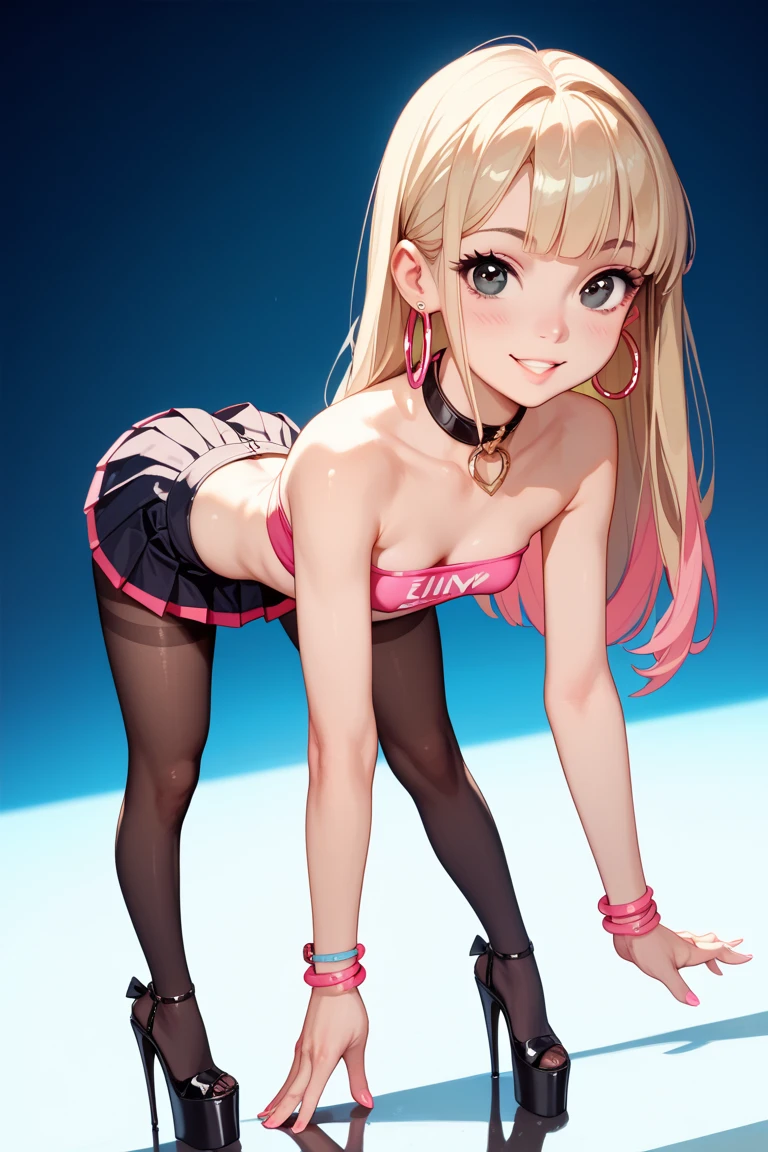 (best quality,4K,8k,high resolution,masterpiece:1.2),super detailed,(actual,realistically,realistically:1.37), Ultra high definition face, Woman posing for photo, ((glossy lip)), attractive girl, jaw-dropping beauty, medium breasts, Thin waist and thick hips, hourglass figure, rosy cheeks, blonde hair, pink mesh, Alluring with a smile, Bokeh, Dynamic Angle, (((Leaning forward:1.2))), close arms, Close-up face:1.5, whole body, From below:1.2, (Correct Anatomy:1.6, Ideal body proportions, The right move:1.5, Small hands), in the club room