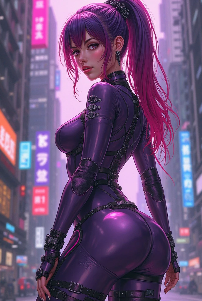 (RAW photo, best quality, masterpiece:1.2), (realistic, photo-realistic:1.4),(masterpiece:1.4),(best quality:1.4), ((sexy cute Japanese cyberpunk catgirl)), ((slender body)), big breasts, (perfect butt), (bangs), blush, ((colorful body harness)), ((dynamic pose)), cowboy shot, (((cyberpunk city streets background))), hair intakes, ((shapeless long hair)), glowing neon accents, back view, looking at viewer, sidelocks, smile, (((thigh gap))), thighs, twintails, very long hair, multicolor hair,(shiny skin),realistic.