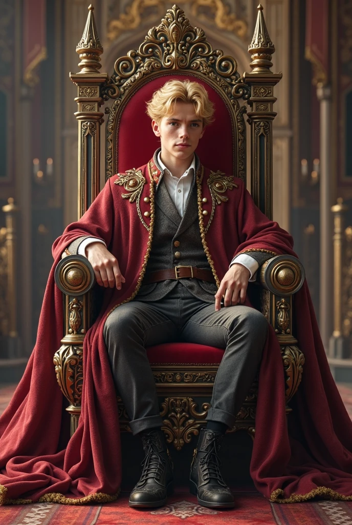 A blond boy with curly hair sits as demon king, taking a realistic photo