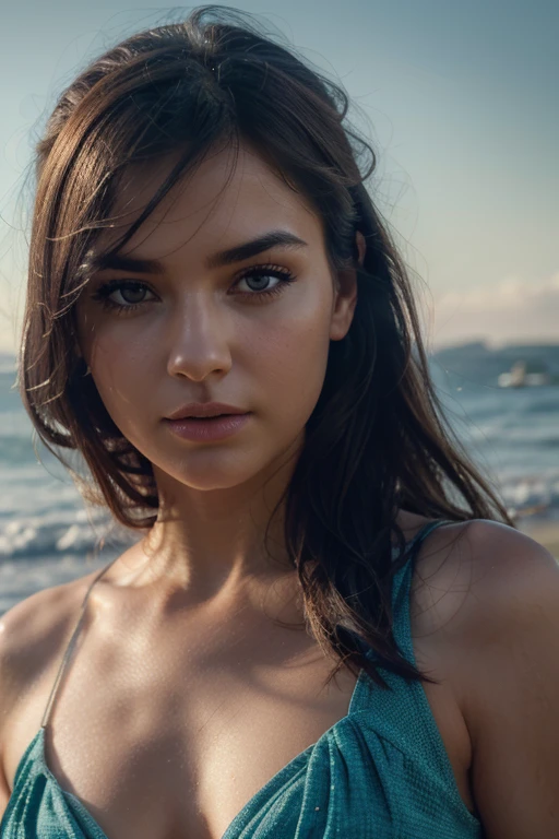 photography of a stunning girl, wearing a low cut top, wavy hair, laying on beach, symmetrical eyes, symmetrical face, photorealistic, photography, path tracing, specular lighting, volumetric face light, path traced hair, visible shadows, intricate, elaborate, hyper realistic