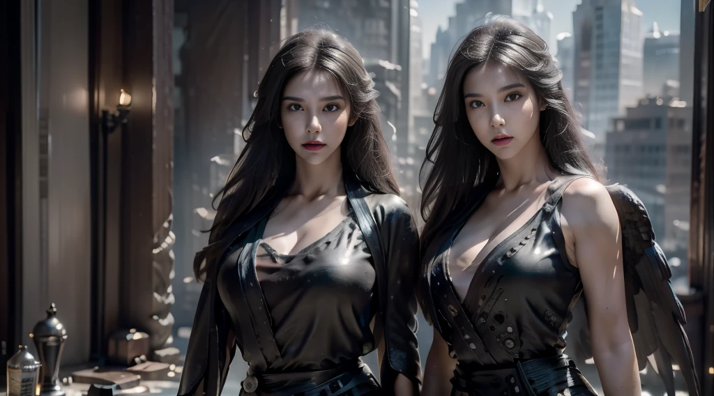((masterpiece, best quality, Highest image quality, high resolution, Reality, RAW photos, 8K)), Future city ruins，Girl standing on the roof，Tight leather jacket，Off-shoulder，Large Breasts，Long hair，Pretty face，Closed mouth，dramatic，Mid-range portrait，midnight