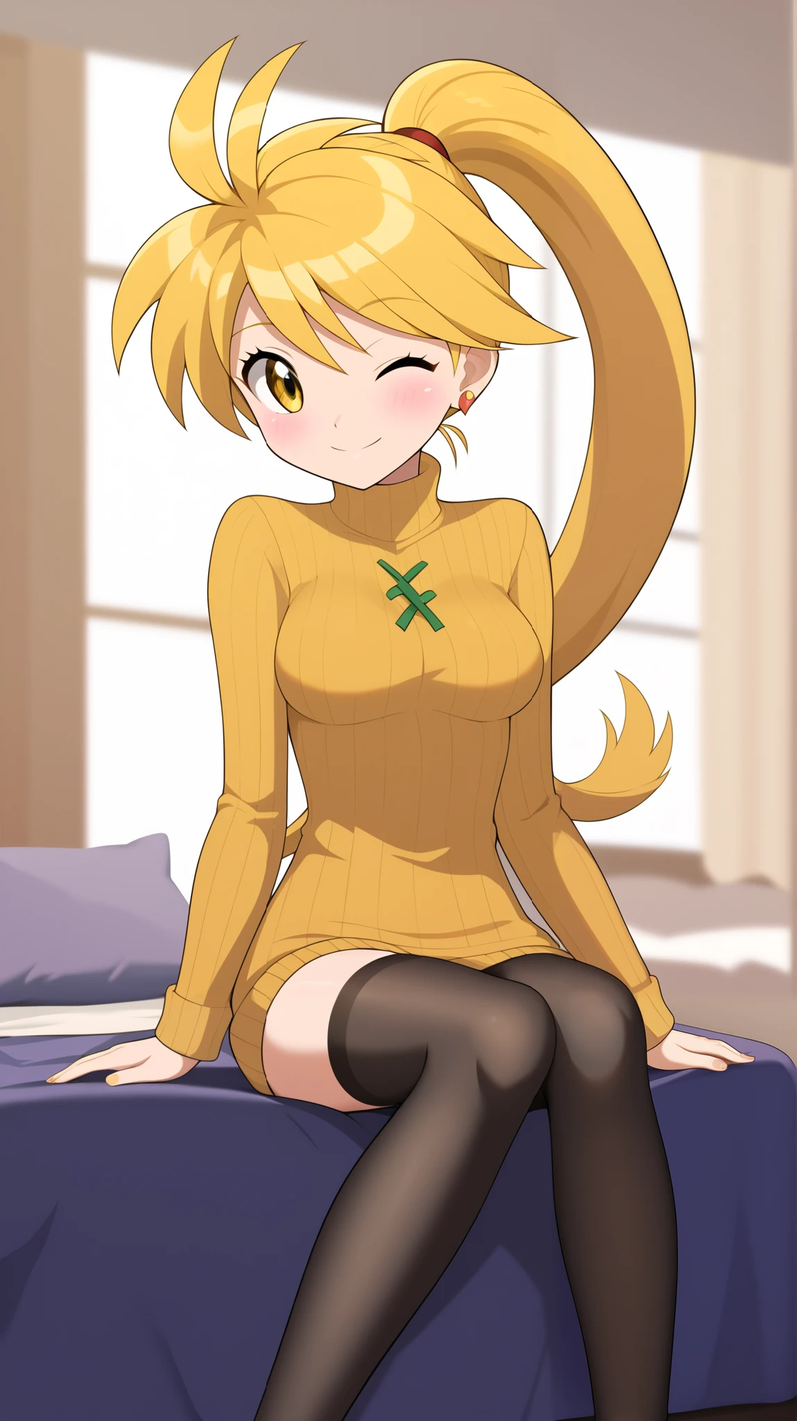 ((Highest quality)), ((masterpiece)), ((exhaustive)), 1girl , Two Legs, two arms, golden hair color, ponytail, long hair, yellow eyes, Ample breasts, long sleeve vertical stripe sweater, black knee-high stockings, absolute domain, thighs, yellow earrings, sexy smile, seductive smile by Kokusugu, viewers, wink, Close one eye, Sitting down, Height, anime coloring book, 1 Female, Age 18, Three idiot hairs , with bangs, full body, slim figure, bedroom, bed, (\ Pokémon\), score_9, score_8_ excellent, score_7_ excellent, score_6_ excellent, source_anime, Cell Shading, flat color, vector,