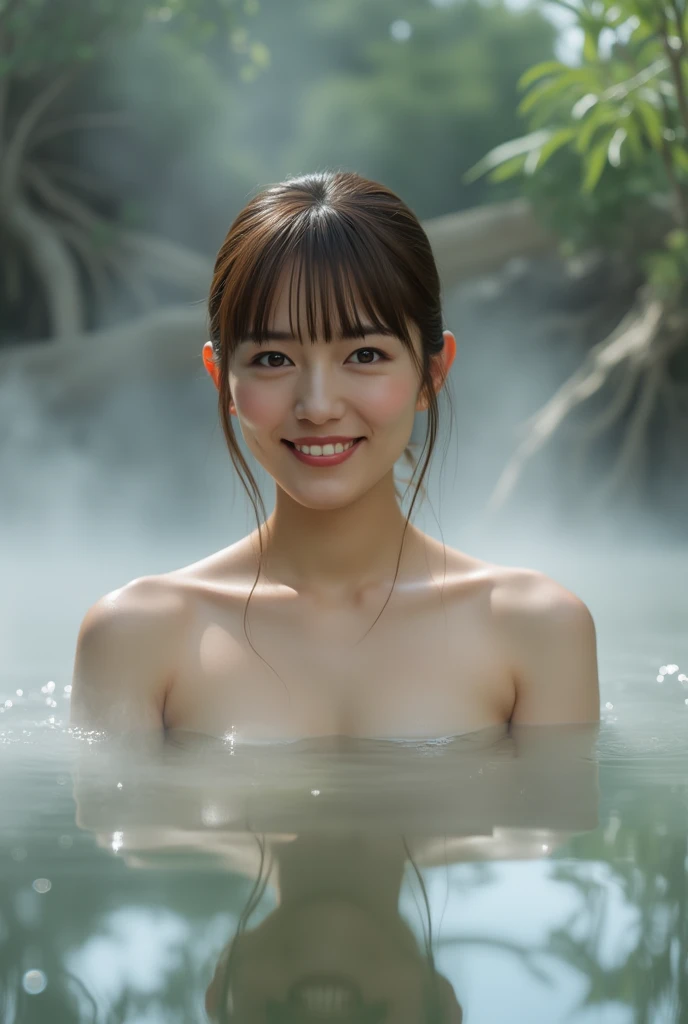 ((masterpiece, highest quality, Highest image quality, High resolution, photorealistic, Photogenic, Raw photo, 8K,out of shower, wet hair, not smiling, small height, petite)) ((not smiling)) ((naked)) (30 years old), Mature japanese woman, (Rides aux coins des yeux:1.2), moderate sized breast, MILF, charm, sexy, hot, Pale skin, cute face, Big nipples, (laying down on stomach), traditional japanese onsen, outside, hairy pussy, wet pussy, slightly overweight, horny look, hand above head, in water