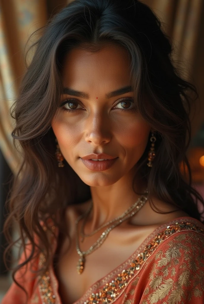 Create me the most realistic Indian stepmom sexy photo wanting her boys attention