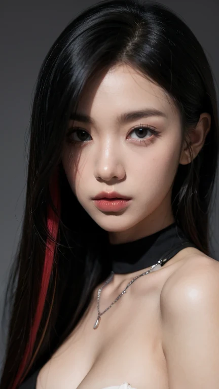 score_9, score_8_up, score_7_up, Goth girl, Goth girl 1girl 1girl,solo,long hair,looking at viewer,simple background,black hair, jewelry,white hair,multicolored hair,choker,black eyes,grey background,necklace,(hair over one eye),two-tone hair,cross,portrait,,