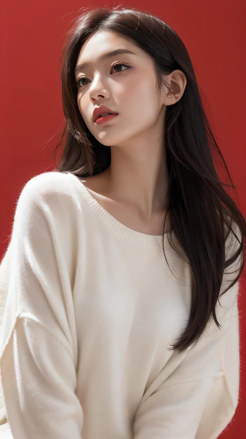 a 20 yo woman,long hair,dark theme, soothing tones, muted colors, high contrast, (natural skin texture, hyperrealism, soft light, sharp),red background,simple background,