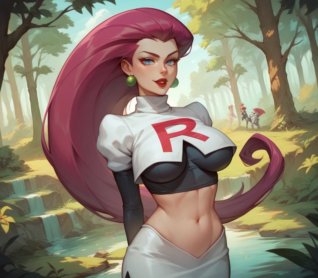 Jessie, team rocket, opaque shiny tan pantyhose, sitting crossed legs, gloves, high boots, smiling seductive look, sun shiny day