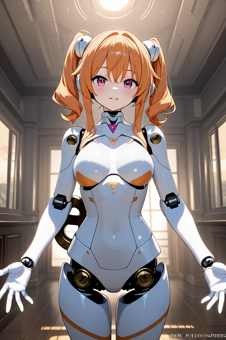 a woman in a white and orange suit with a gun, beutiful white girl cyborg, beutiful girl cyborg, perfect android girl, cute cyborg girl, cyborg girl, android heroine, cyborg - girl, female cyborg, portrait armored astronaut girl, young lady cyborg, scifi woman, girl in mecha cyber armor, sci-fi android female, beautiful female android
