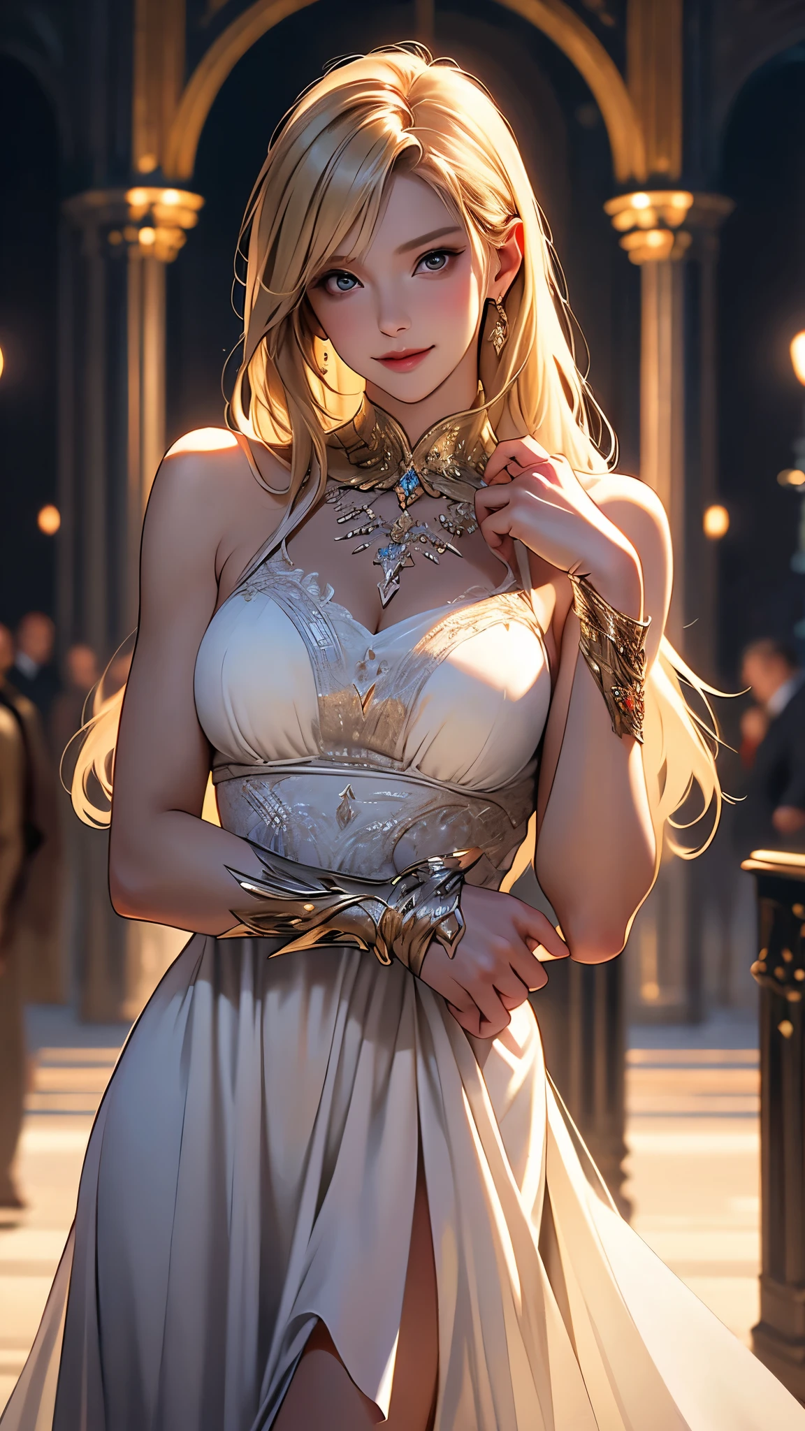masterpiece, best quality, highest quality,
highest, 1girl, medium breasts, jewelry, hair over one eye, dress, bracelet, blonde hair, black dress, long single braid, large breasts, ring, circlet, breasts out, necklace, armlet, looking at viewer, lips, yellow eyes, bare shoulders, parted lips, standing on rock, cool, blonde braid,
indoors, (night:1.3), scared, landscape, castle far away, gloomy fog
from behind, (epic realistic, hdr, luminous, intricate details, hyperdetailed, cinematic, rim light)
<lora:_Queen_Marika-000005:0.7>