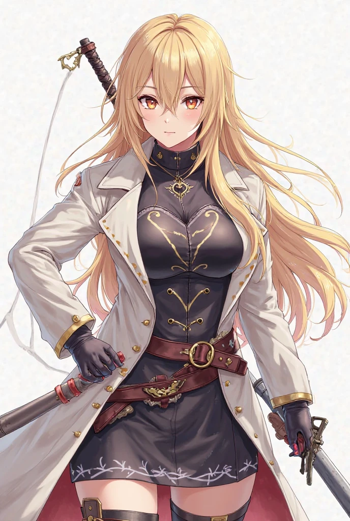 1 girl in, Full body, White one-piece military uniform, (masutepiece:1.2, Best Quality), (finely detailed beautiful eye: 1.2), (beautifull detailed face), High contrast, (Best Illumination, extremely delicate and beautiful), ((Cinematic Light)), Dramatic light, very orange eyes, flat chest, Belt at under the breast, White military uniform, White skirt, blonde  hair, Black tie,  (Pale white background:1.5), Wolf cut hair, medium length hair, Look at me and smile, Dynamic Pose,