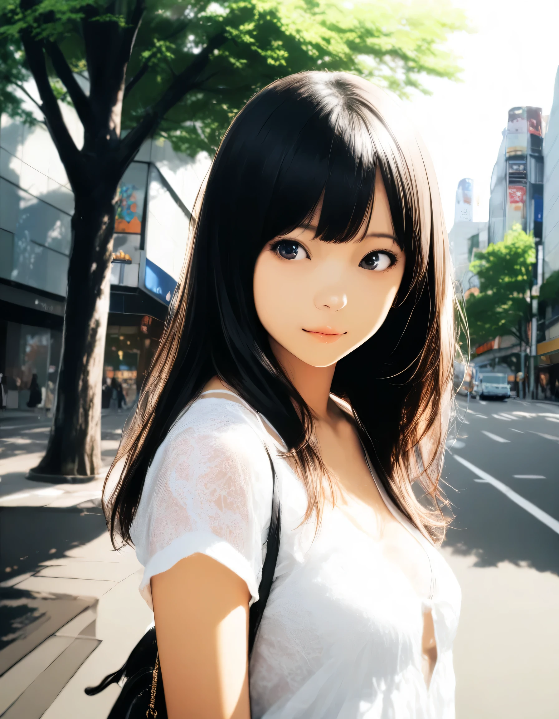 1girl, persona, year 2016, upper body, Shibuya, street tree, morning sunshine, masterpiece, high score, great score, absurdres, 16k, super detail
