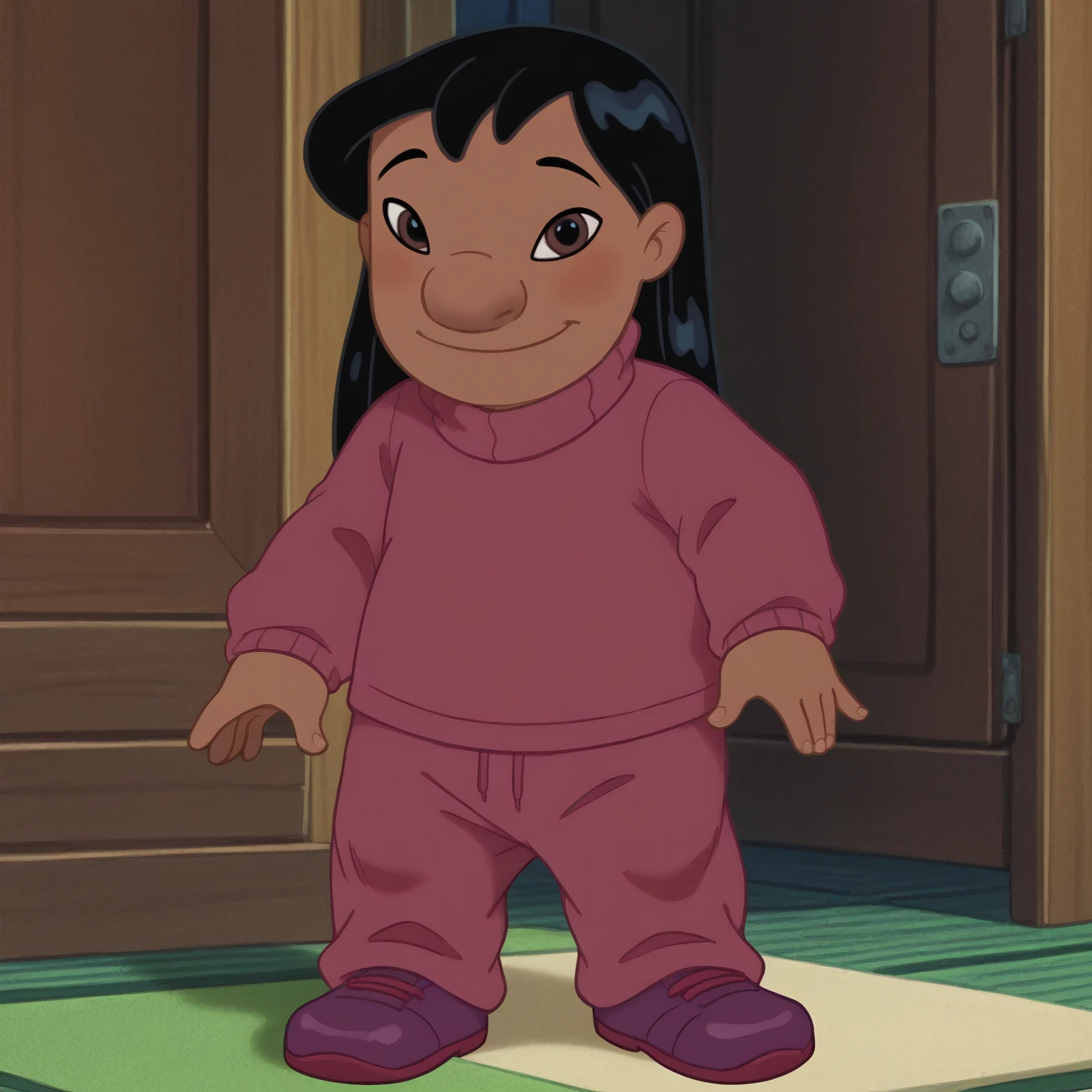 score_9, score_8_up, score_7_up, rating_explicit, source_anime,detailed skins, body blush,cowboy shot, flat chest,  highly detailed, body blush,cowboy shot, looking at viewer, perfect eyes,perfect hands, sidelocks,lilo, long black hair, brown eyes, dark skin, flat chest, magenta turtleneck sweater , smile, hand wave, magenta sweatpants purple shoes 