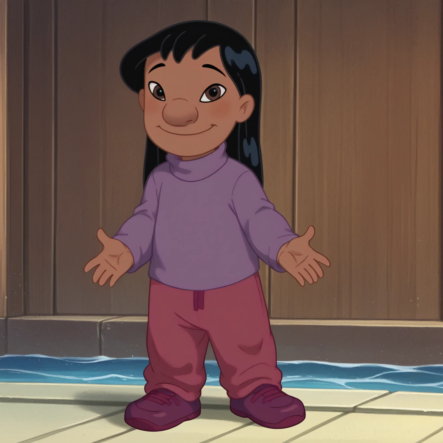 score_9, score_8_up, score_7_up, rating_explicit, source_anime,detailed skins, body blush,cowboy shot, flat chest,  highly detailed, body blush,cowboy shot, looking at viewer, perfect eyes,perfect hands, sidelocks,lilo, long black hair, brown eyes, dark skin, flat chest, magenta turtleneck sweater , smile, hand wave, magenta sweatpants purple shoes 