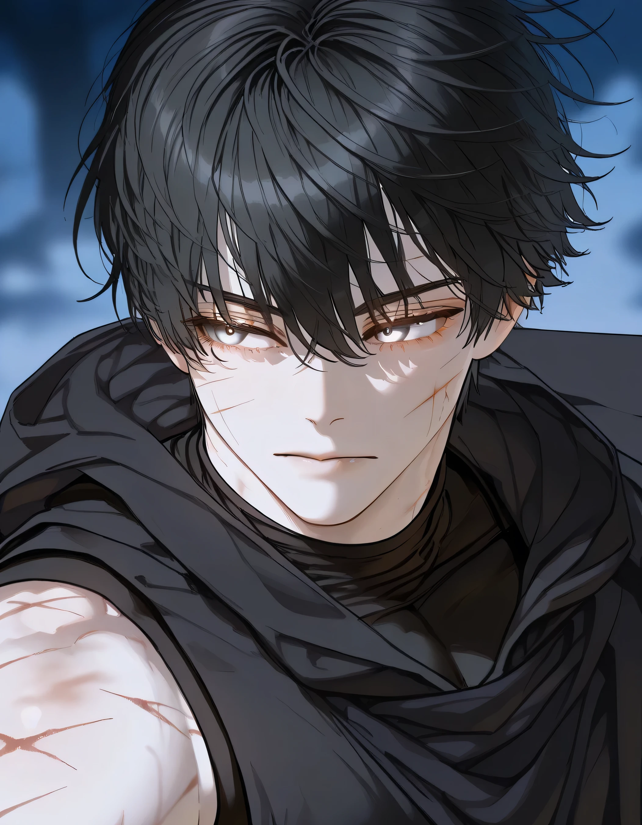 boy, medieval dark clothes,, Full Expression, shimmering and well-highlighted gray eyes, black hair, black compression shirt, , war marks on the body, Close-up front plan, athletic, strong, levemente pale. Medieval Black Overcoat. Sadistic look empty expression, glowing eyes, night filter, carefree look, charme, looking to the side, pale, Black cloak, Boa Ash. Tank Top, short sleeves .