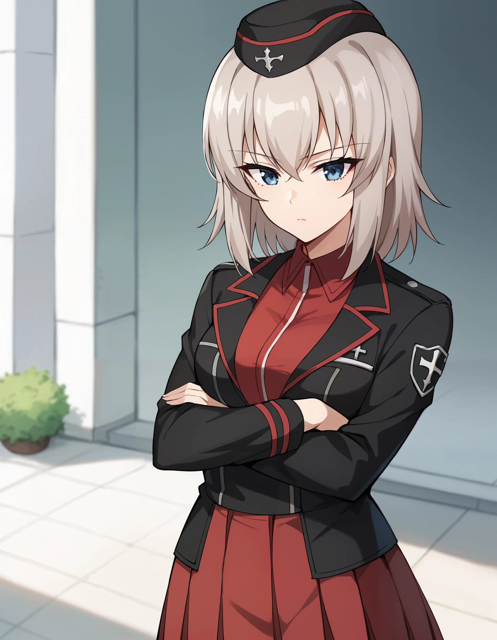 score_9, score_8_up, score_7_up, source_anime, rating_safe, BREAK itsumi erika, 1girl, blue eyes, grey hair, medium hair, medium breasts, garrison cap, black headwear, kuromorimine military uniform, black jacket, insignia, wing collar, long sleeves, red shirt, pleated skirt, red skirt, standing, expressionless, crossed arms, outdoor background, afternoon
